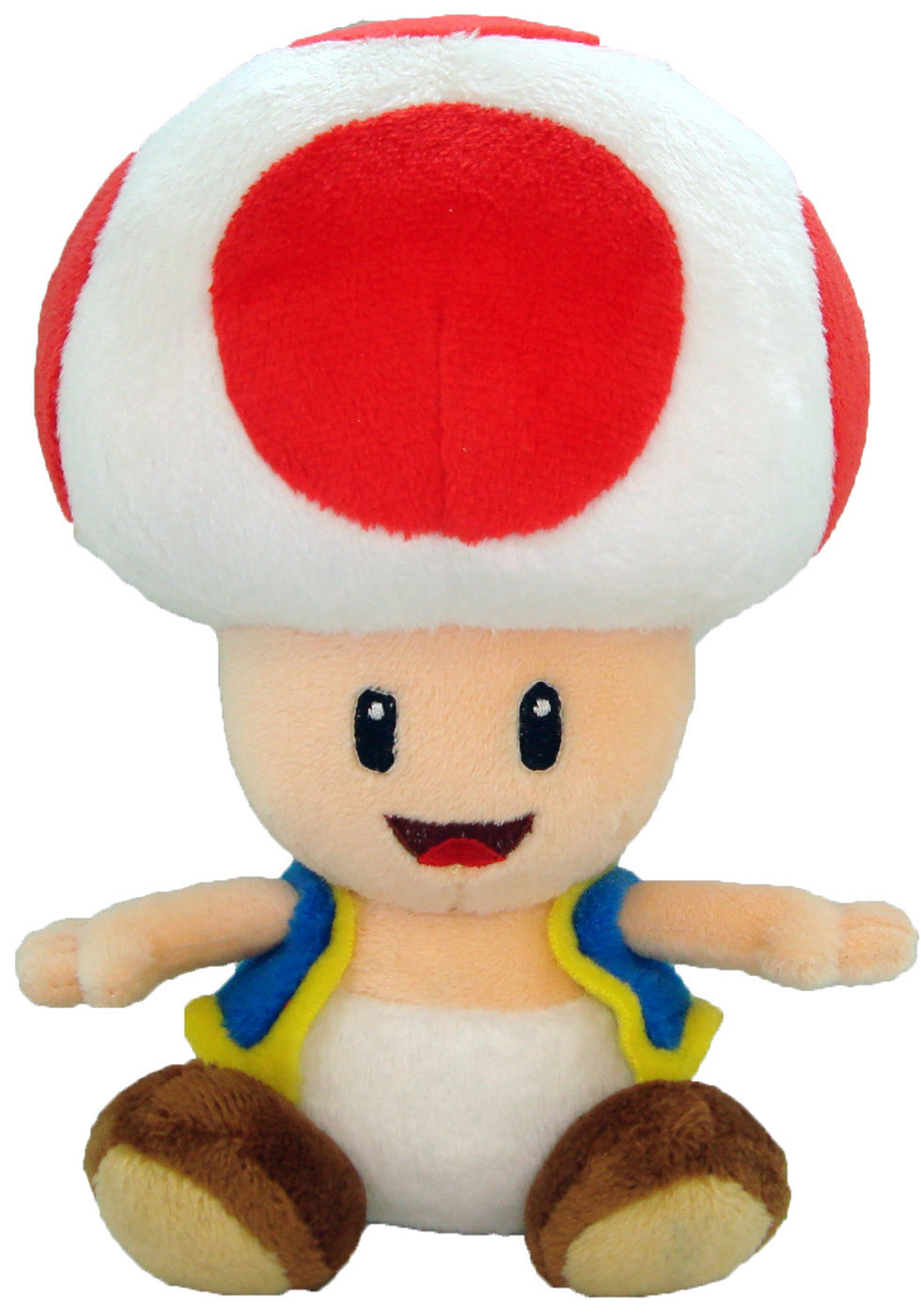 Ein Stofftier von Toad aus Super Mario. Es hat einen rot-weißen Pilzhut, ein lächelndes Gesicht und eine blaue Weste mit gelbem Rand.