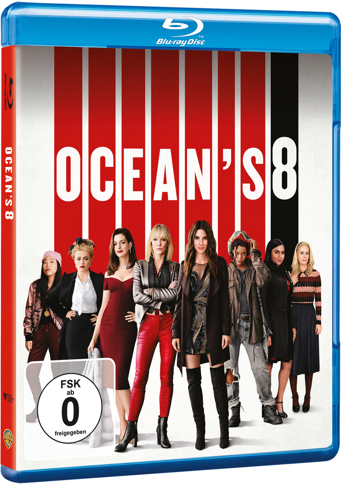 Blu-ray von Ocean's 8. Ensemble-Besetzung auf dem Cover vor rot-weiß gestreiftem Hintergrund.