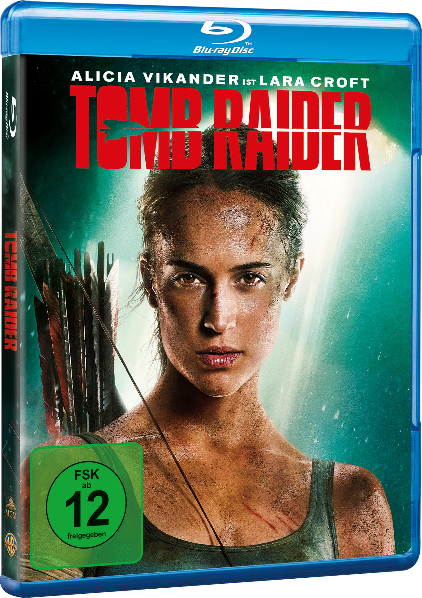 Tomb Raider Blu-ray Disc-Cover. Alicia Vikander als Lara Croft. Grün-blauer Hintergrund.