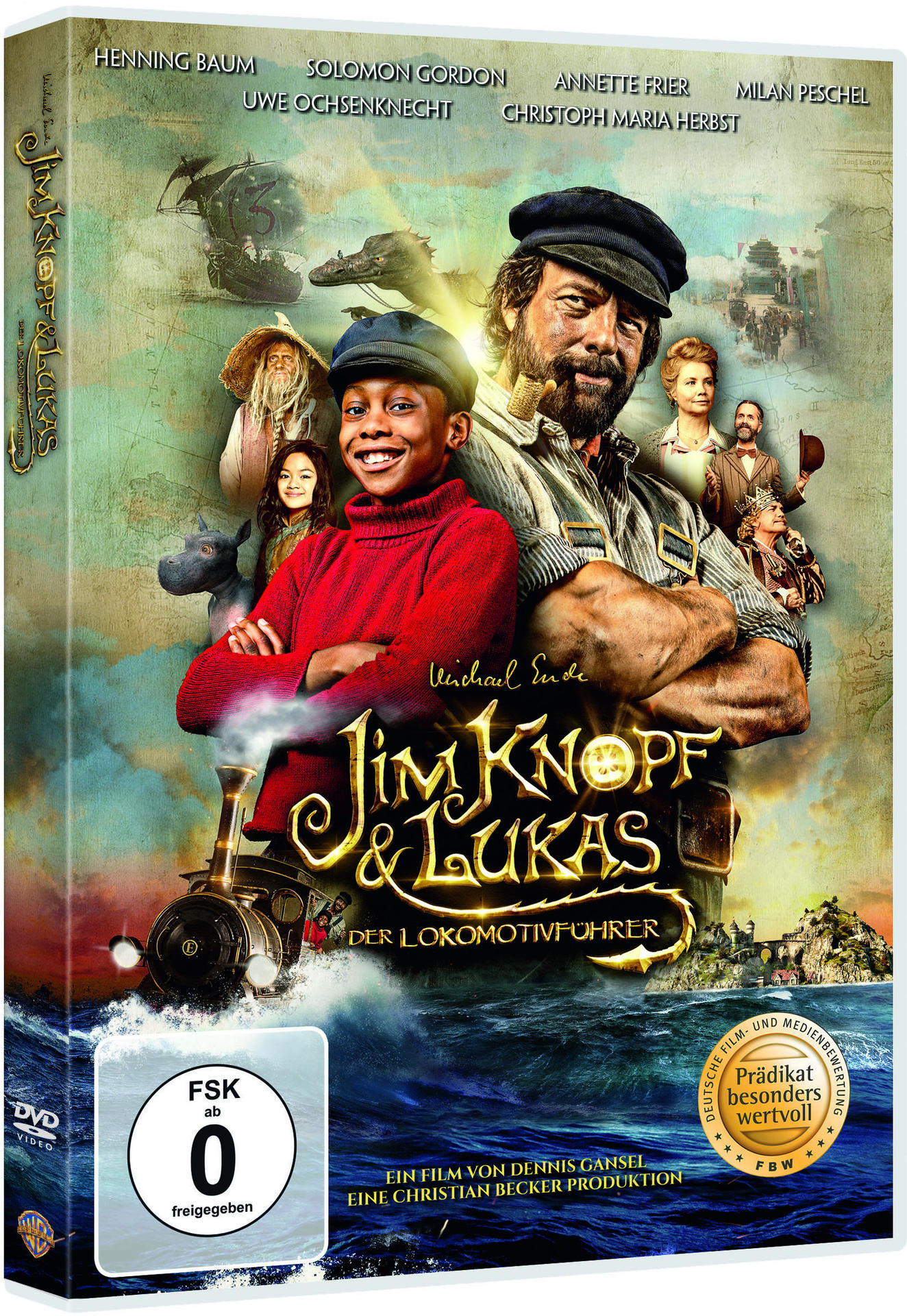 DVD-Cover für „Jim Knopf & Lukas“. Figuren aus dem Film sind zu sehen.