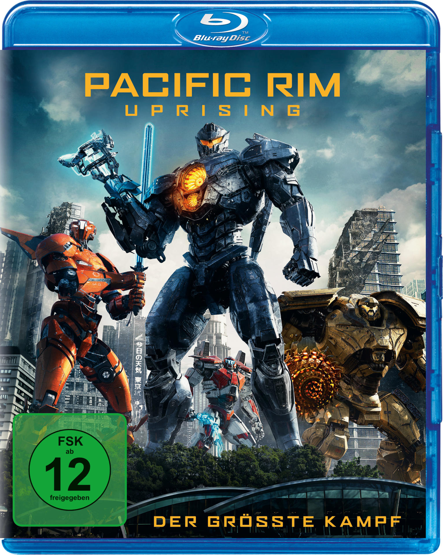 Pacific Rim Uprising Blu-ray. Roboter kämpfen, Stadtlandschaft, blaues Cover.
