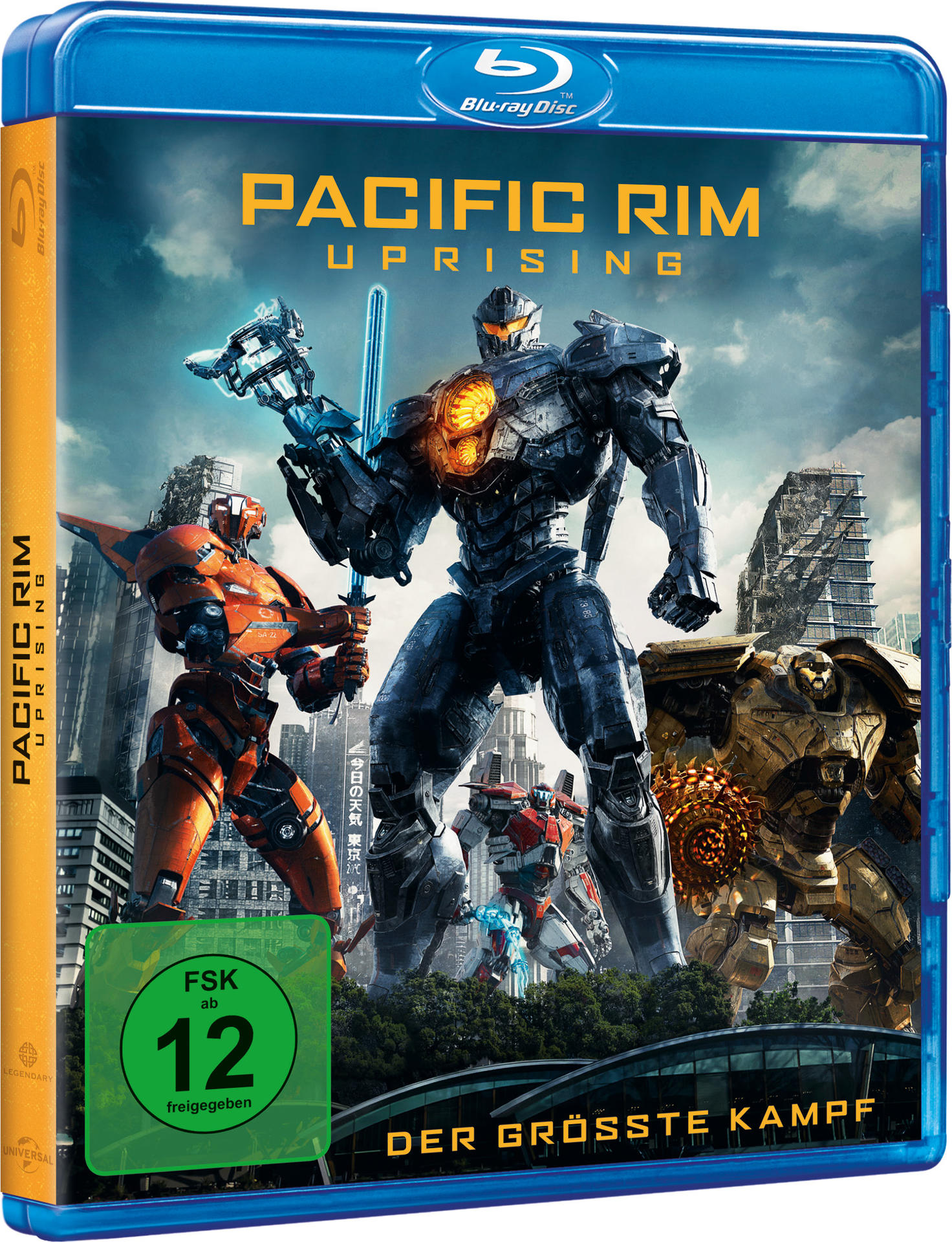 Eine Blu-ray-Hülle für 'Pacific Rim Uprising' mit einem großen Roboter und Stadtlandschaft.