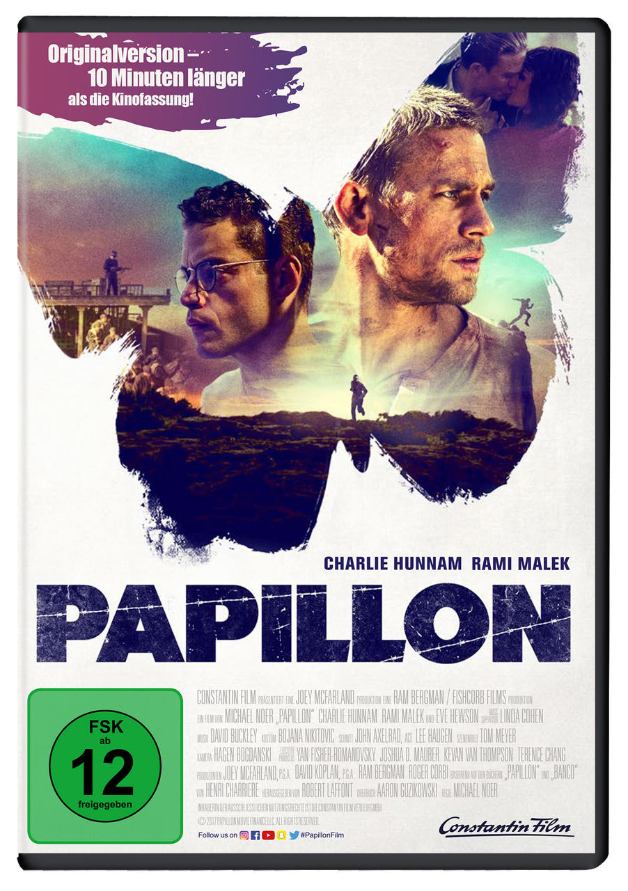 DVD-Cover für den Film 'Papillon'. Mit Schauspielern und dem Filmtitel.