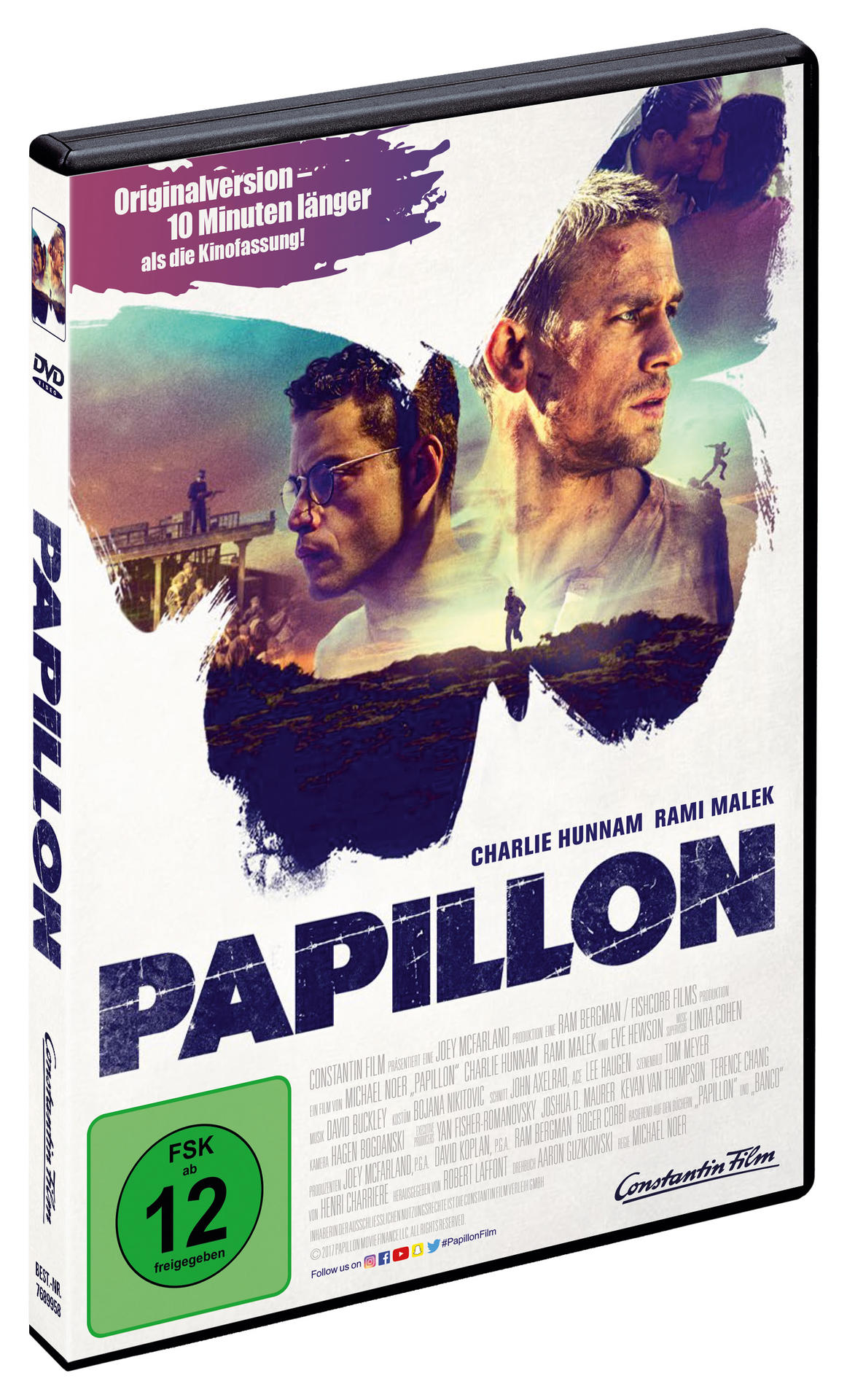 DVD-Hülle für den Film 'Papillon' mit Charlie Hunnam und Rami Malek.