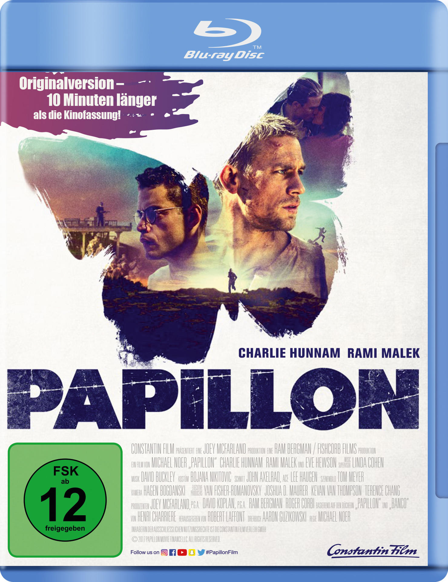 Papillon Blu-ray-Cover. Charlie Hunnam und Rami Malek sind zu sehen. Schmetterlingskunst.