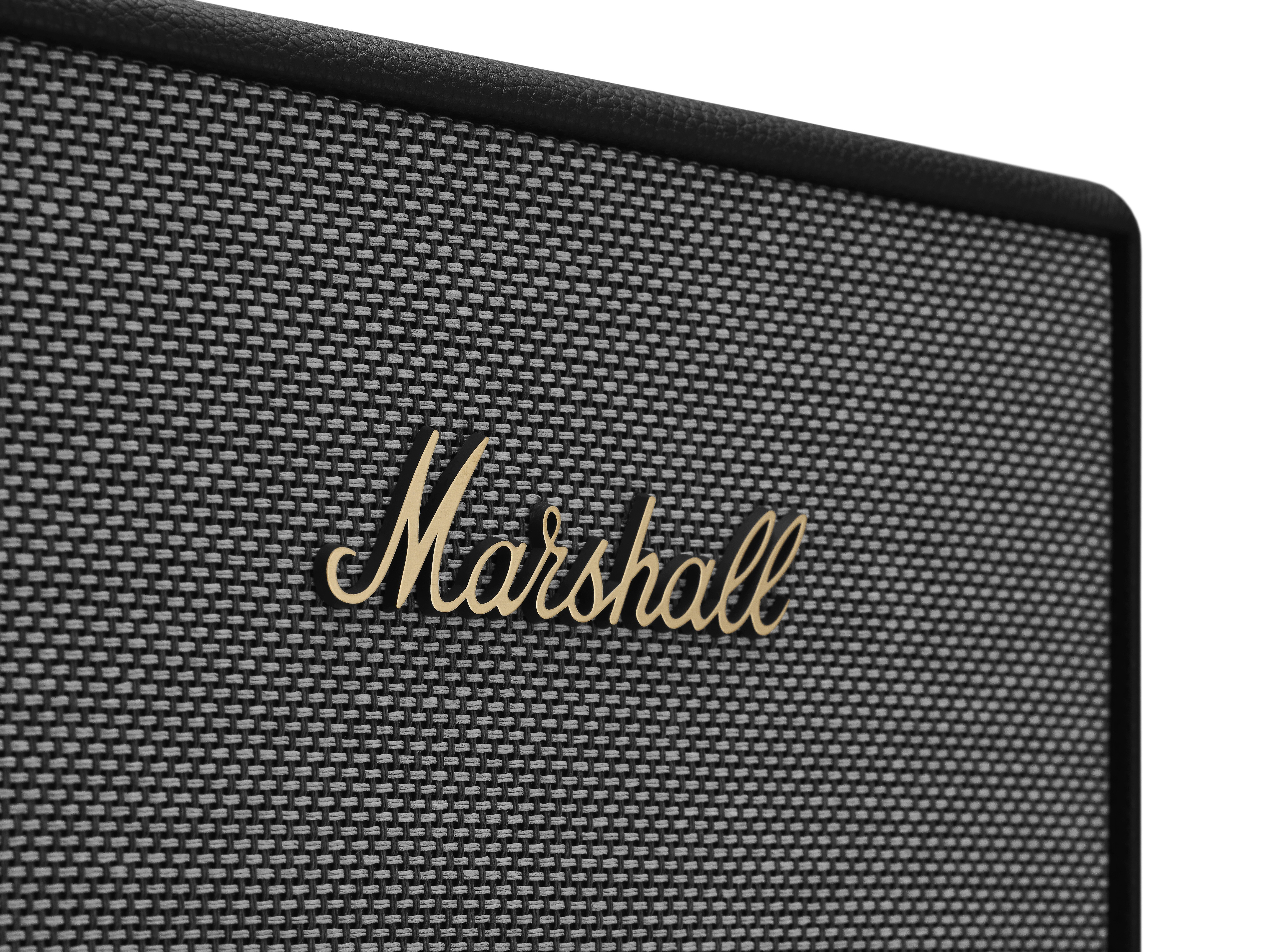 Marshall Lautsprecher mit schwarzer Front und goldenem Marshall Logo.