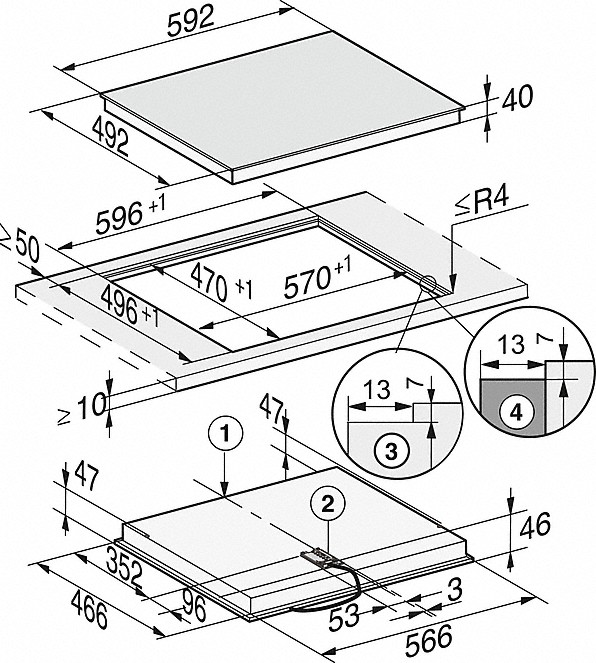 Eine schematische Darstellung eines schwarzen Induktionskochfelds mit Maßen.