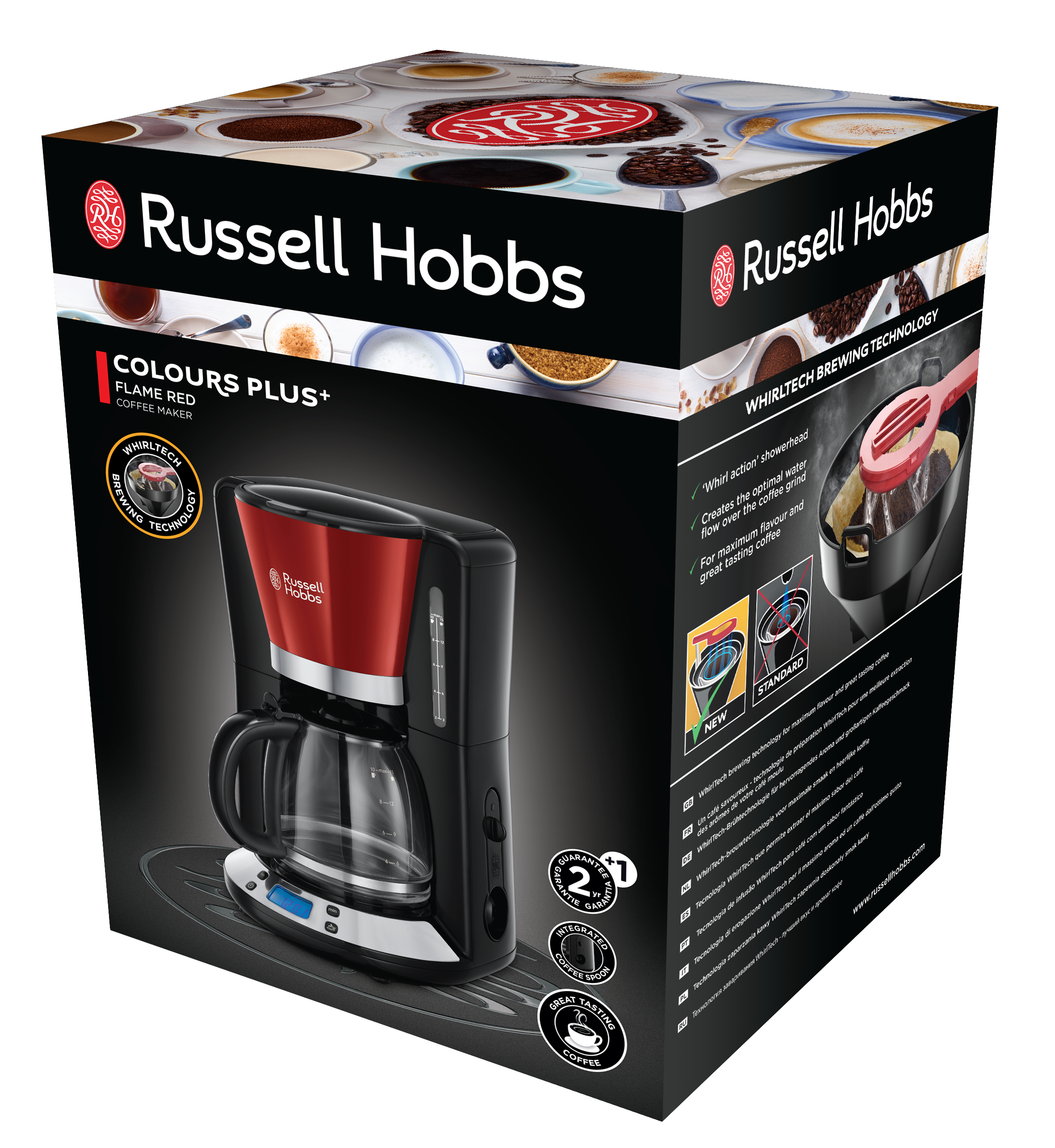 Dobozos piros-fekete Russell Hobbs kávéfőző termék részletekkel és képekkel.