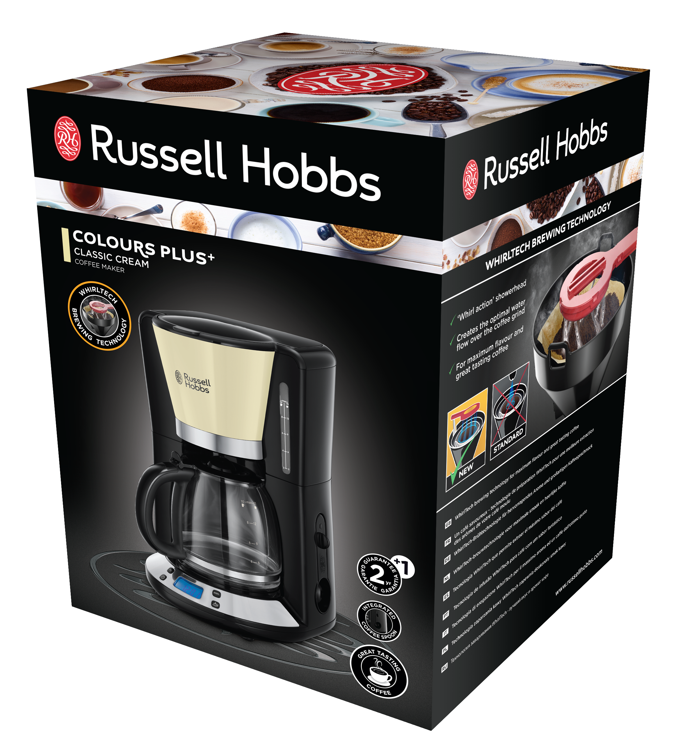 Egy dobozolt kávéfőző Russell Hobbs márkanévvel és Colours Plus Classic Cream felirattal.