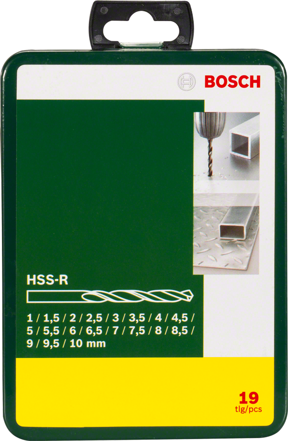 Zöld-sárga Bosch fúrószár készlet. Fúrószárakat és a Bosch logót mutatja. A méret fel van tüntetve.