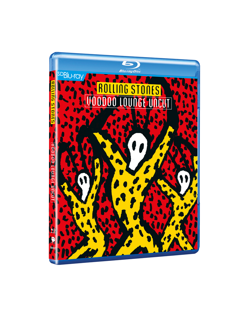 Blu-ray Disc Hülle für Rolling Stones Voodoo Lounge Uncut. Roter Hintergrund und gelbe Figuren.