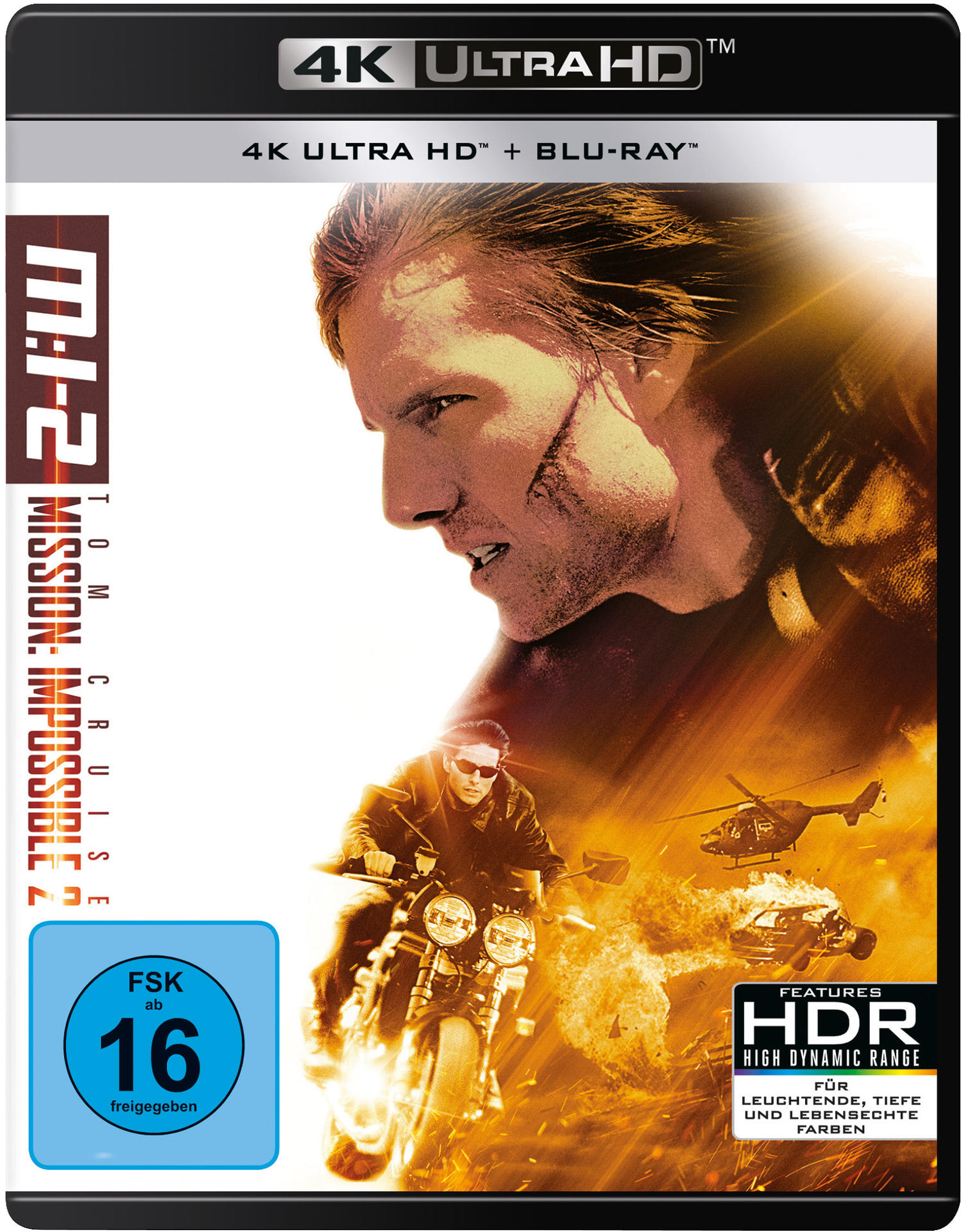 Filmcover für 'Mission: Impossible 2'. Tom Cruise ist zu sehen. Blu-Ray und 4K Ultra HD Label.