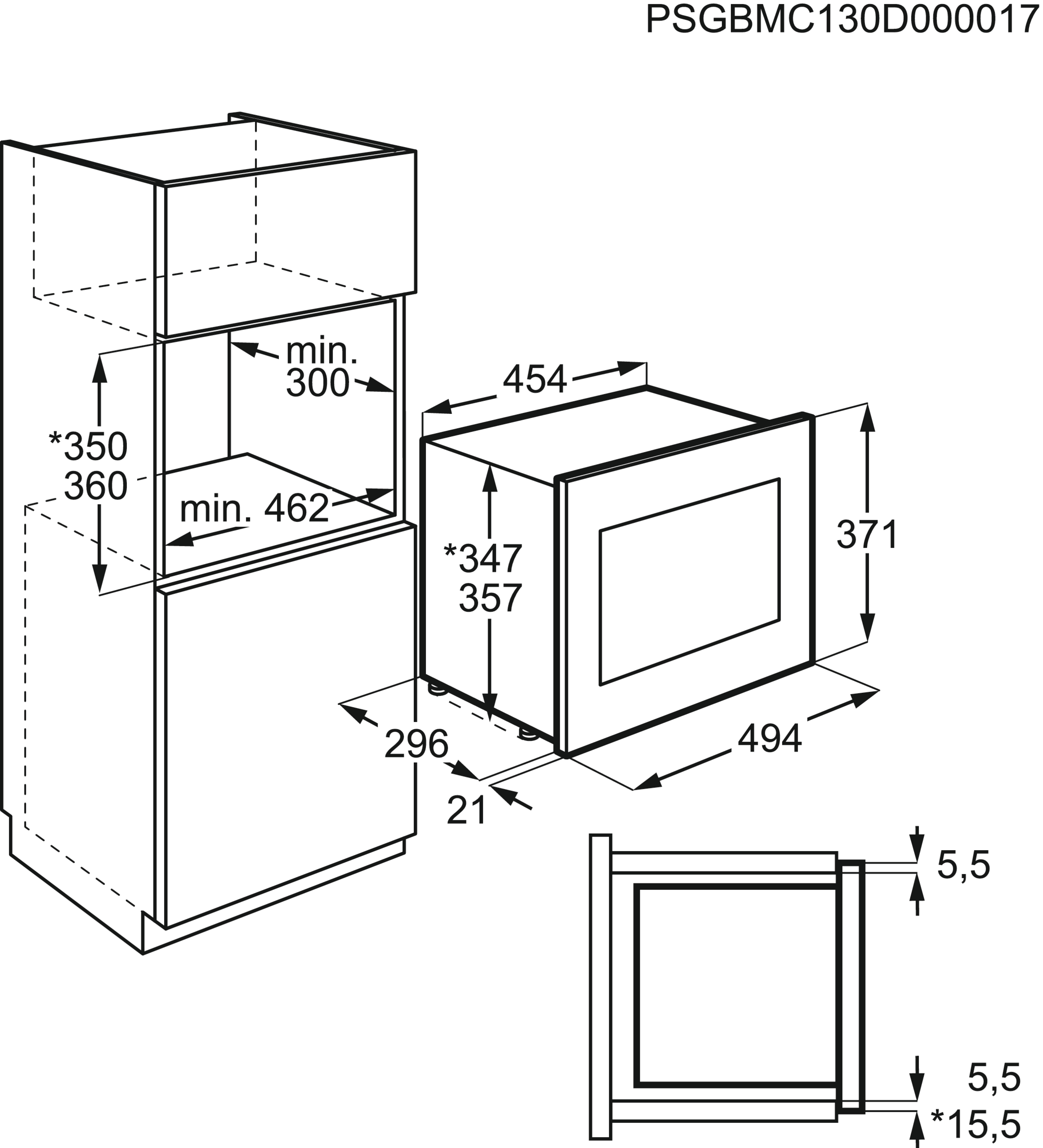 Diagramm eines Einbauofens mit Maßen und Beschriftungen im technischen Stil.