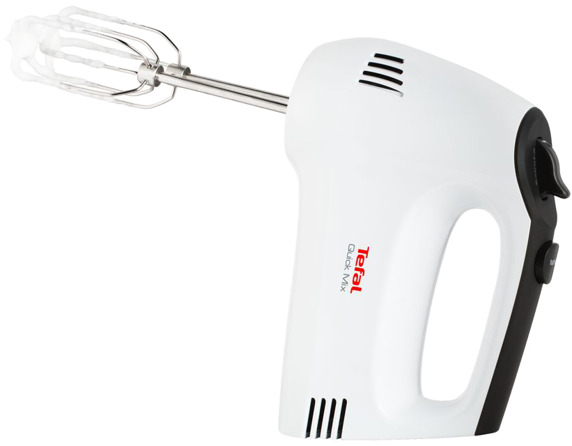 Fehér Tefal Quick Mix kézi mixer habverő tartozékkal, fekete háttér előtt.