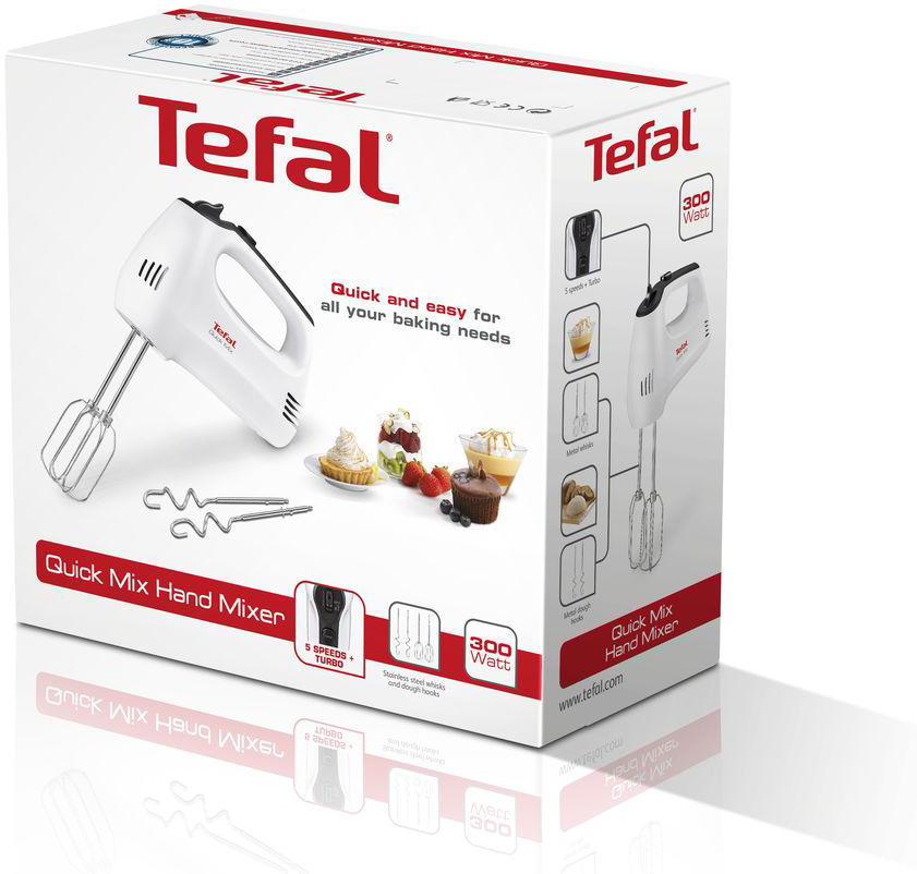 Fehér Tefal Quick Mix kézi mixer doboz. Ételek és a mixer képei vannak rajta.