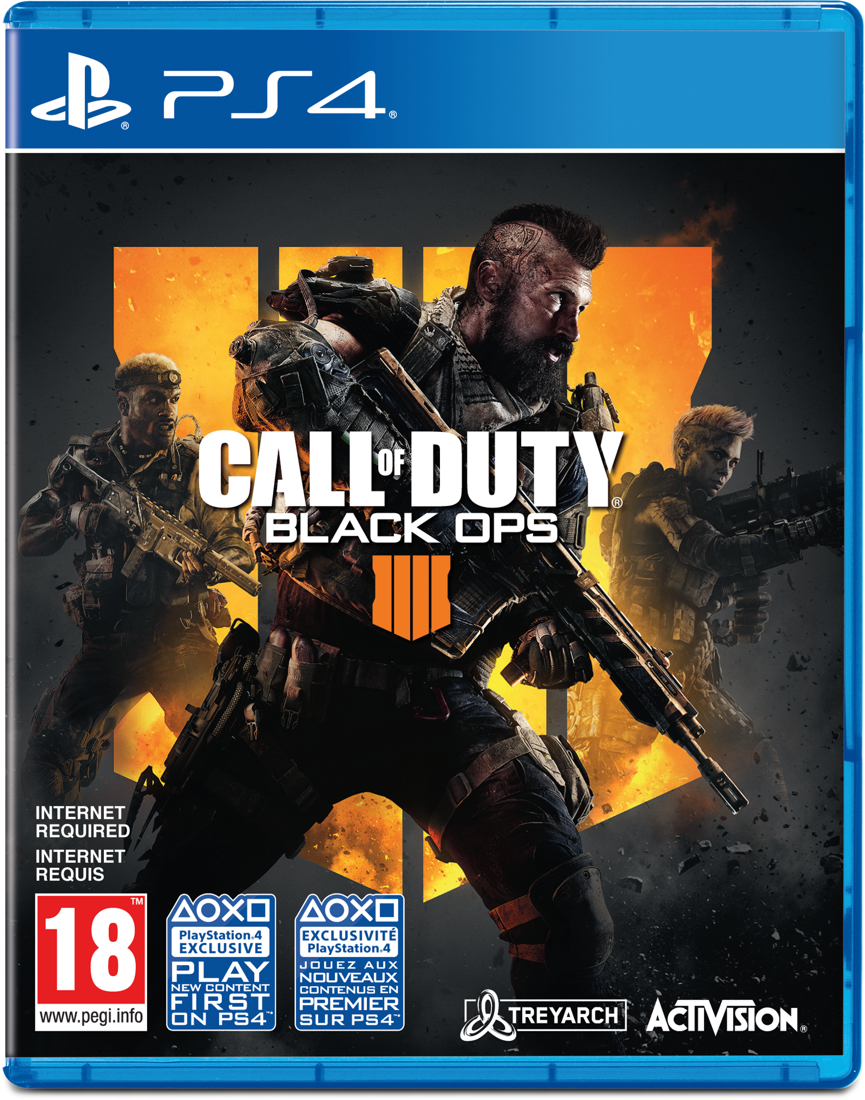 Call of Duty Black Ops 4 game case. Toont soldaten met wapens en een oranje explosie achtergrond.