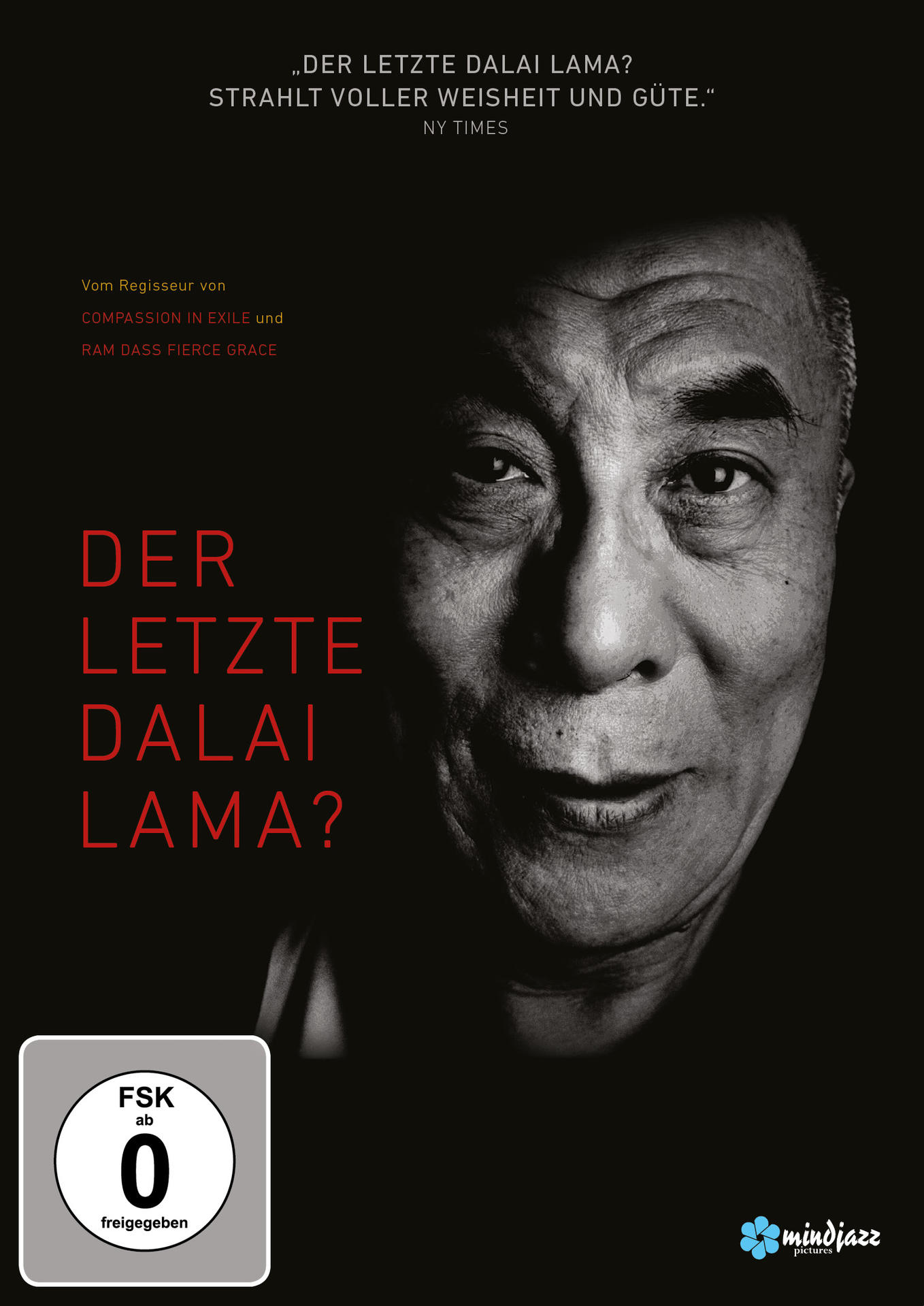 Schwarz-Weiß-Porträt des Dalai Lama auf einem Filmplakat mit rotem Text.