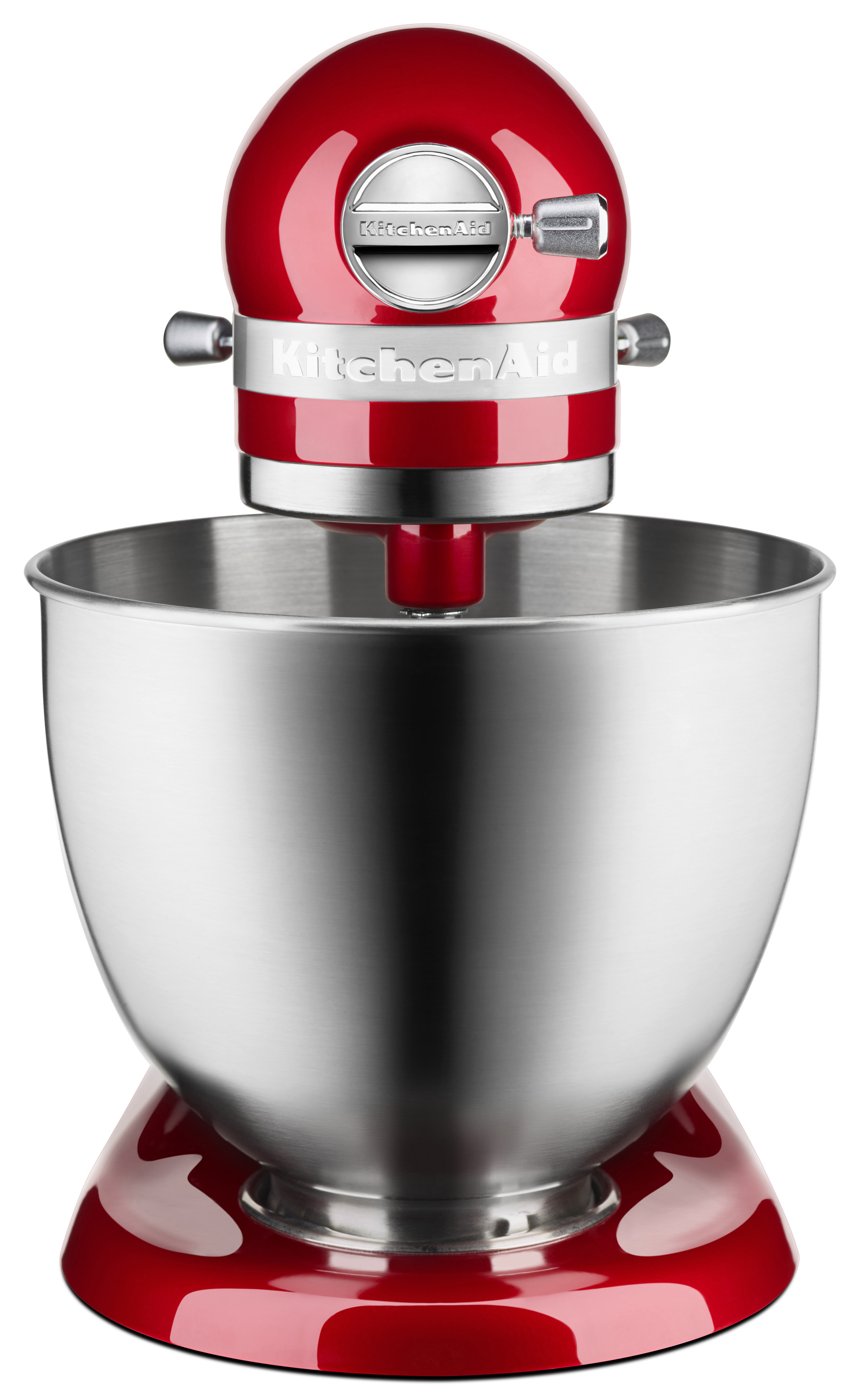 Roter KitchenAid-Küchenmixer mit einer Edelstahlschüssel. Der Mixer steht auf weißem Hintergrund.