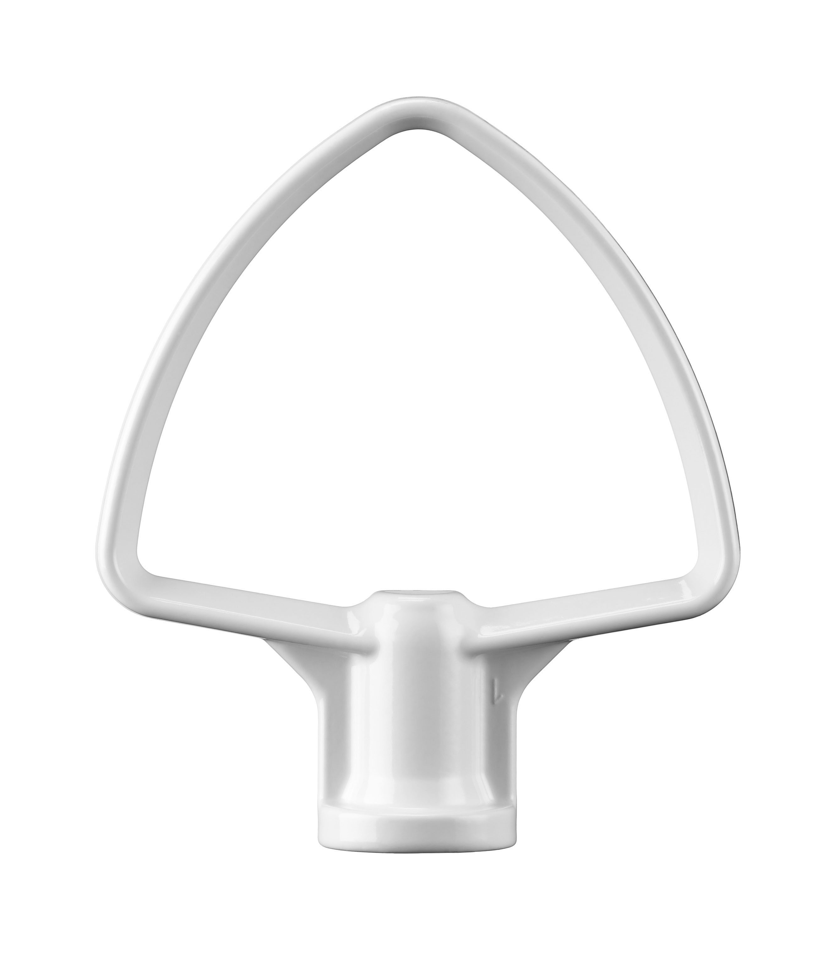 Weißer KitchenAid Mixer-Schlägeraufsatz. Es hat eine dreieckige Form und einen dicken Sockel. Weißer Hintergrund.