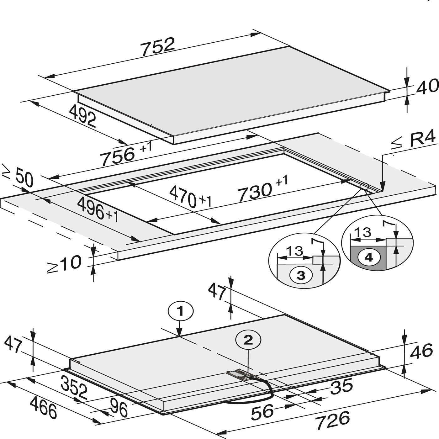 Diagramm eines Kochfelds. Es hat Maße und eine Ausschnittführung.