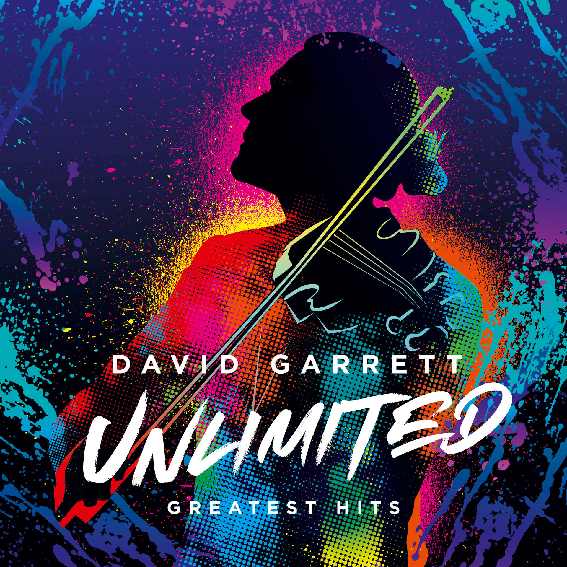 Albumcover von David Garrett. Silhouette spielt Geige, mit farbigen Farbspritzern.