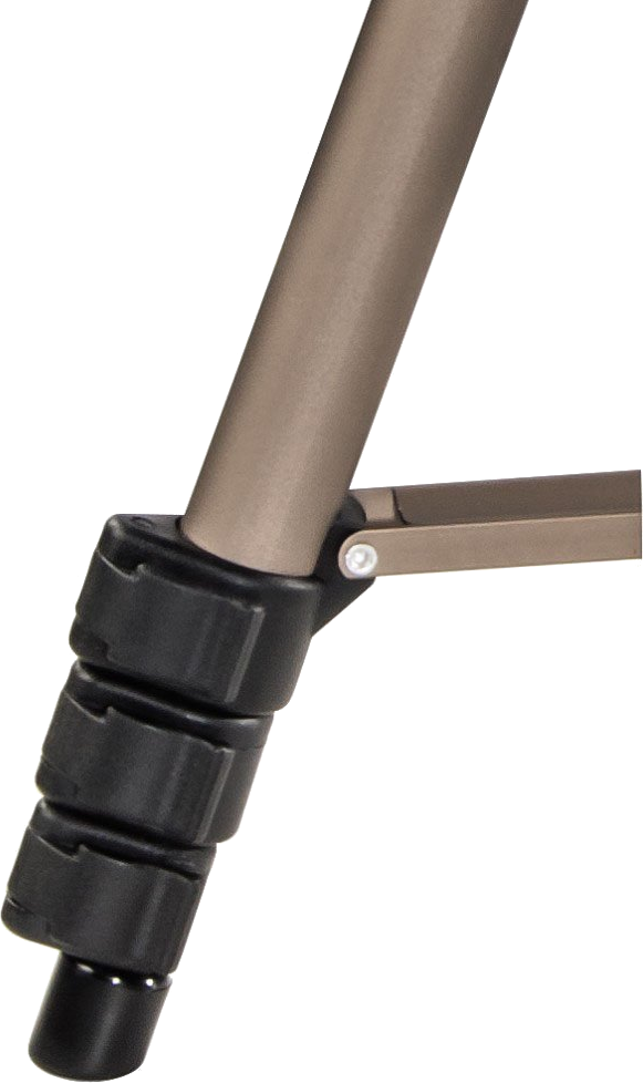 A tripod lábának közeli képe: barna, fekete és ezüst. Állítható láb.