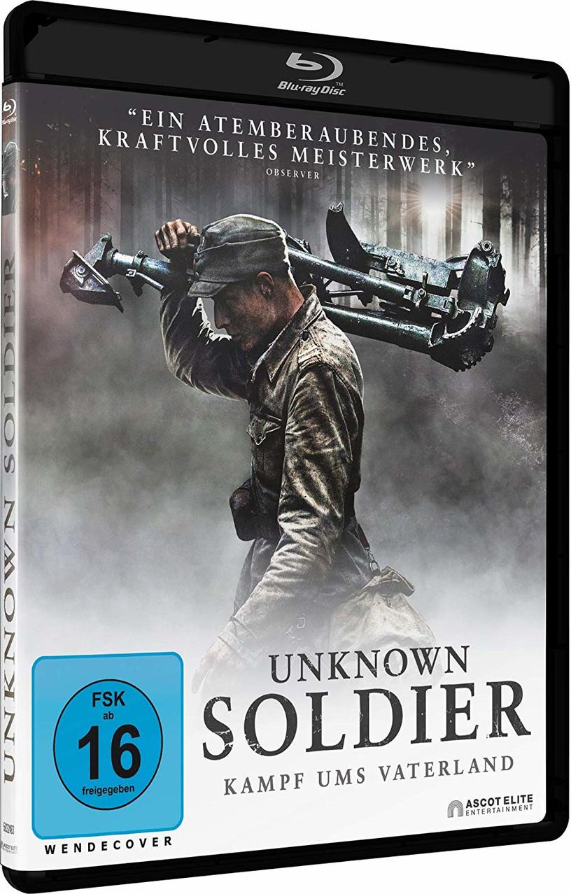 DVD-Cover von 'Unknown Soldier', zeigt einen Soldaten mit Maschinengewehr, Kriegsszene.