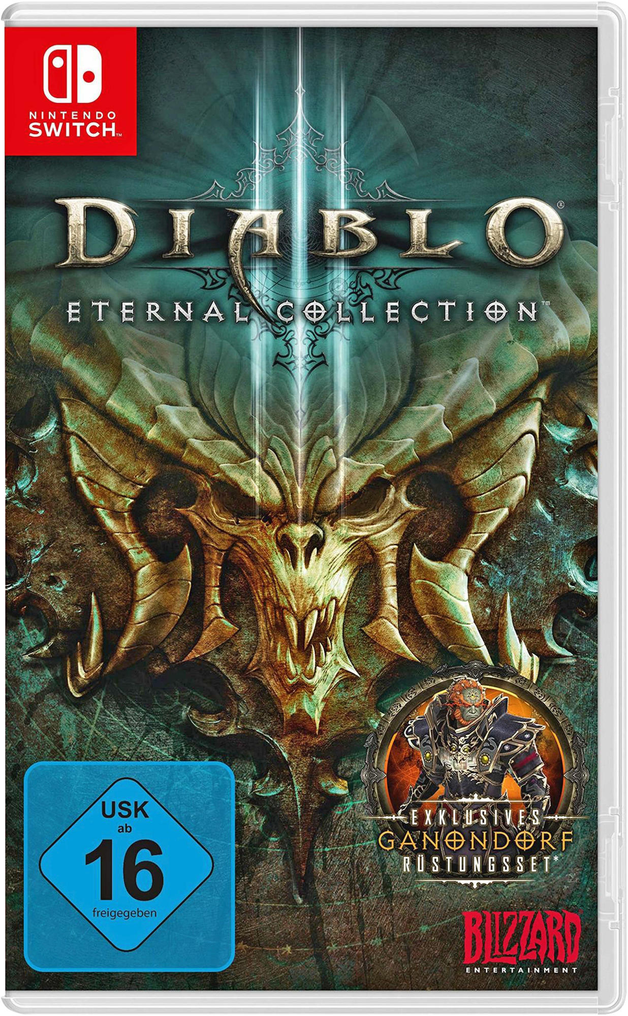 Nintendo Switch Spielehülle für Diablo: Eternal Collection. Grafiken zeigen ein Dämongesicht und Text.