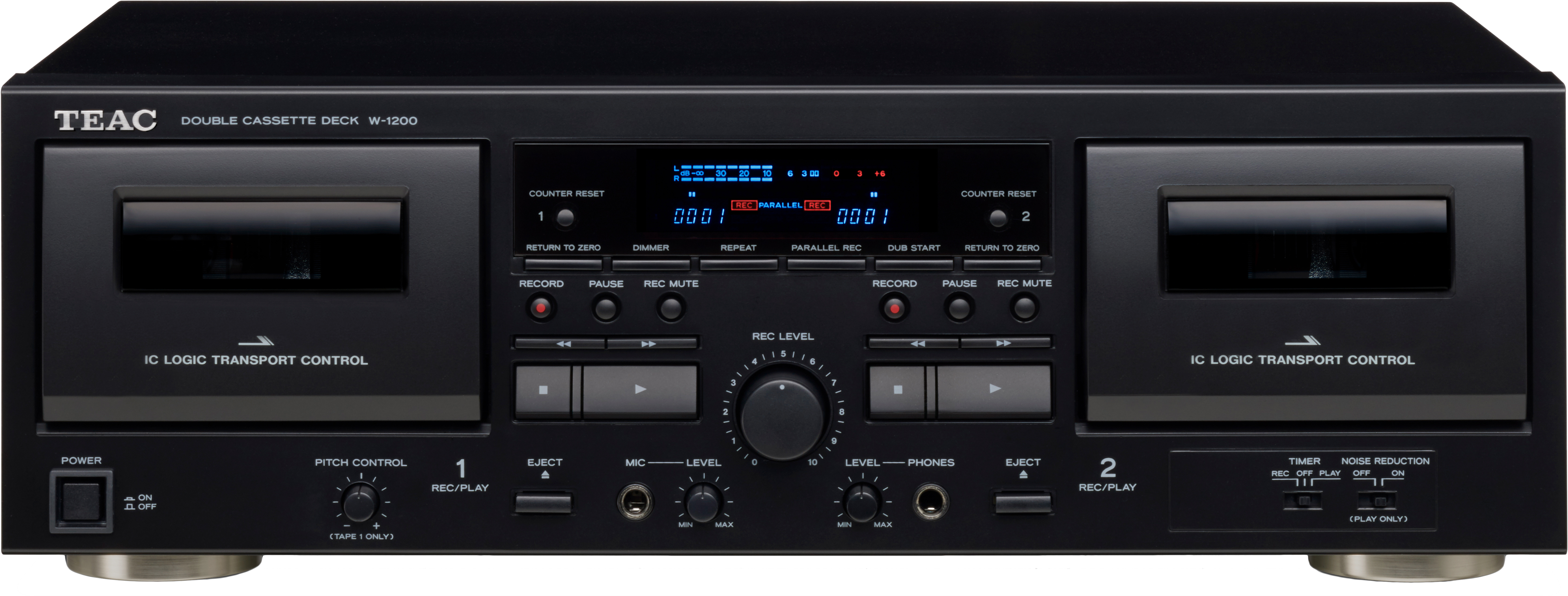 Egy fekete TEAC dupla kazettás deck, különféle gombokkal, vezérlőkkel és kijelzővel.