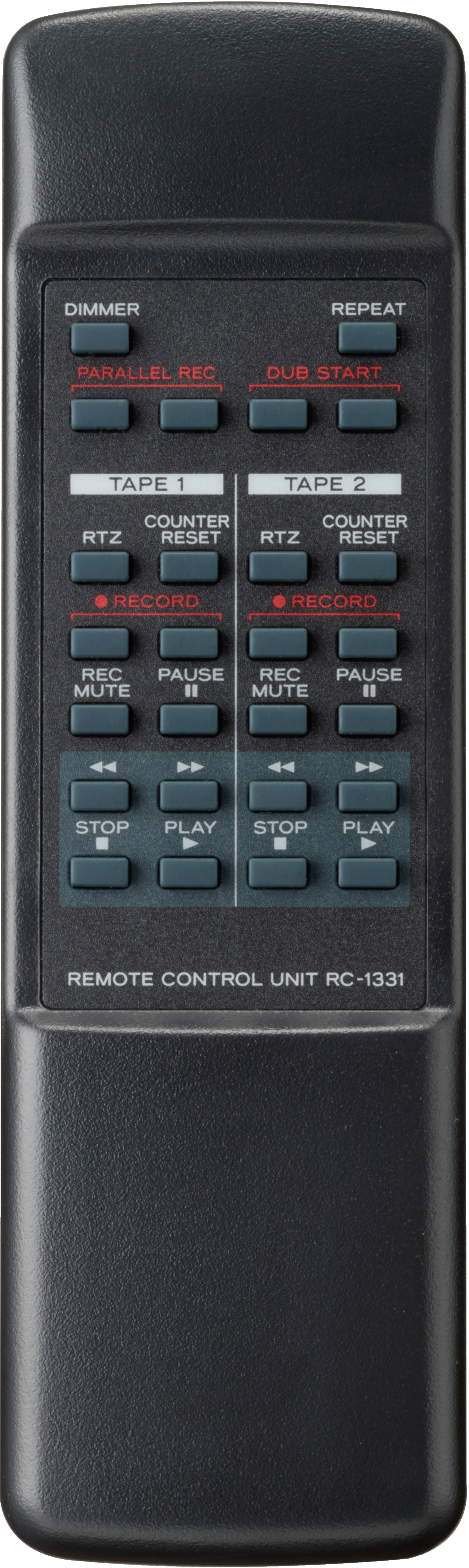 Fekete távirányító szürke gombokkal és fehér szöveggel, fehér háttér.