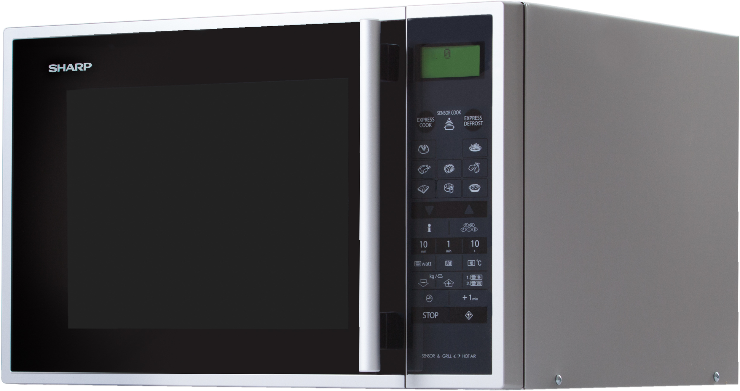 Silver Sharp microwave with a black door and a digital display on the right side.
