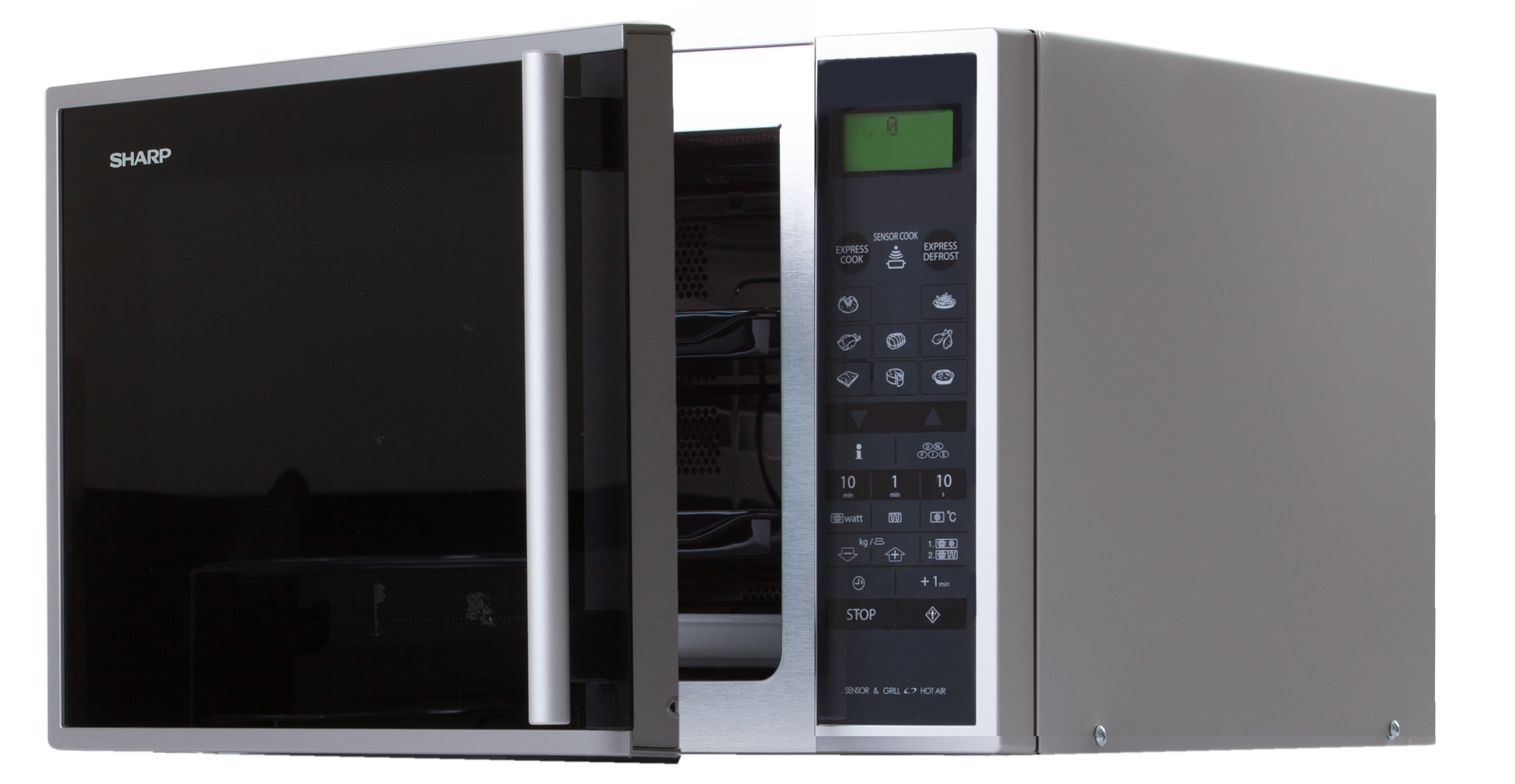 A silver microwave oven with the door open. It has a black glass front and control panel.