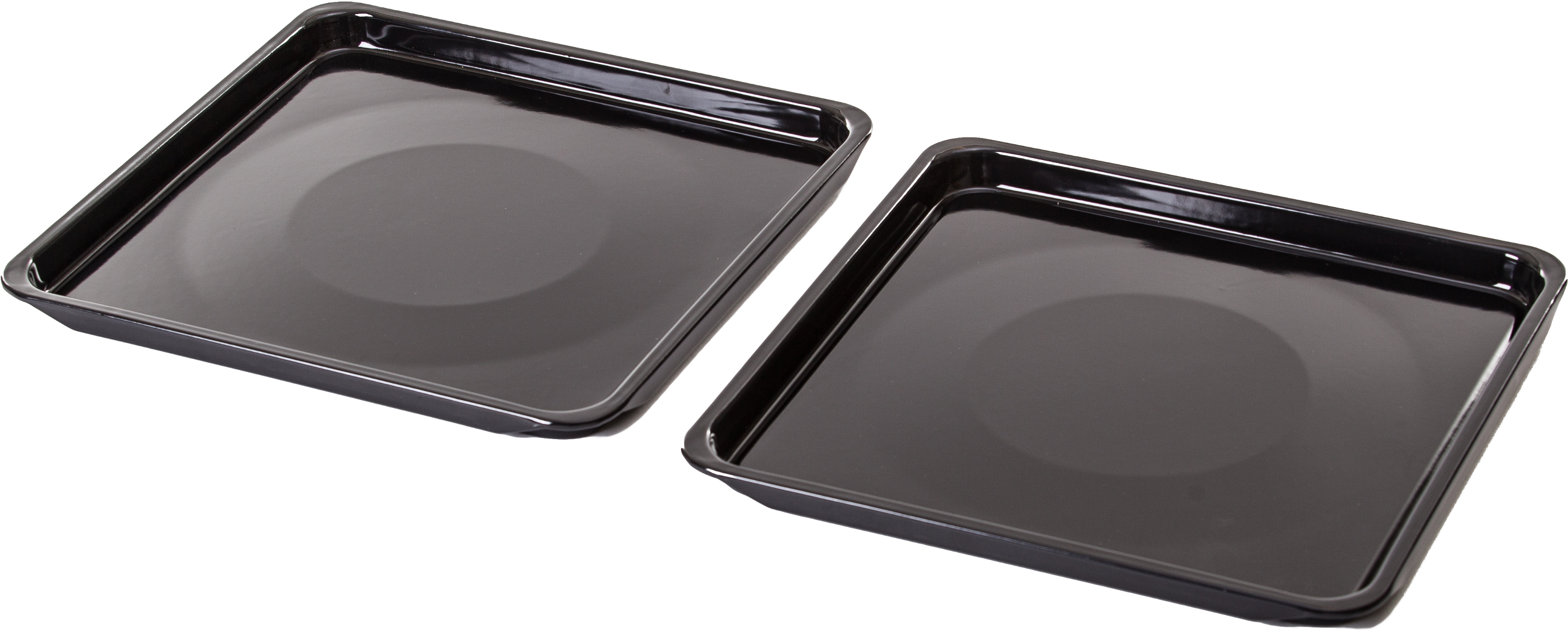 Two black rectangular baking trays side by side.