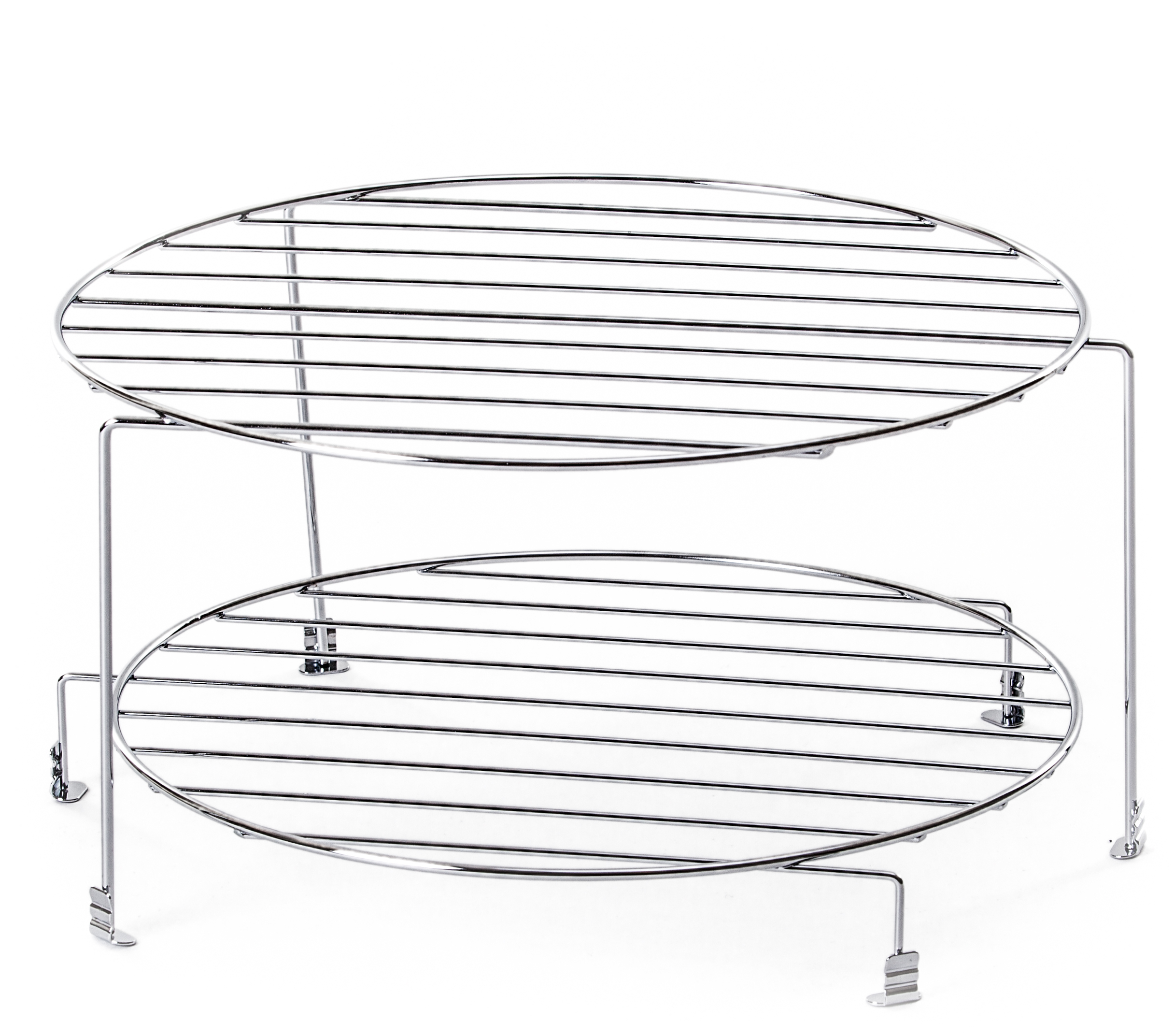 Two-tier chrome wire rack on a white background, perfect for storage.