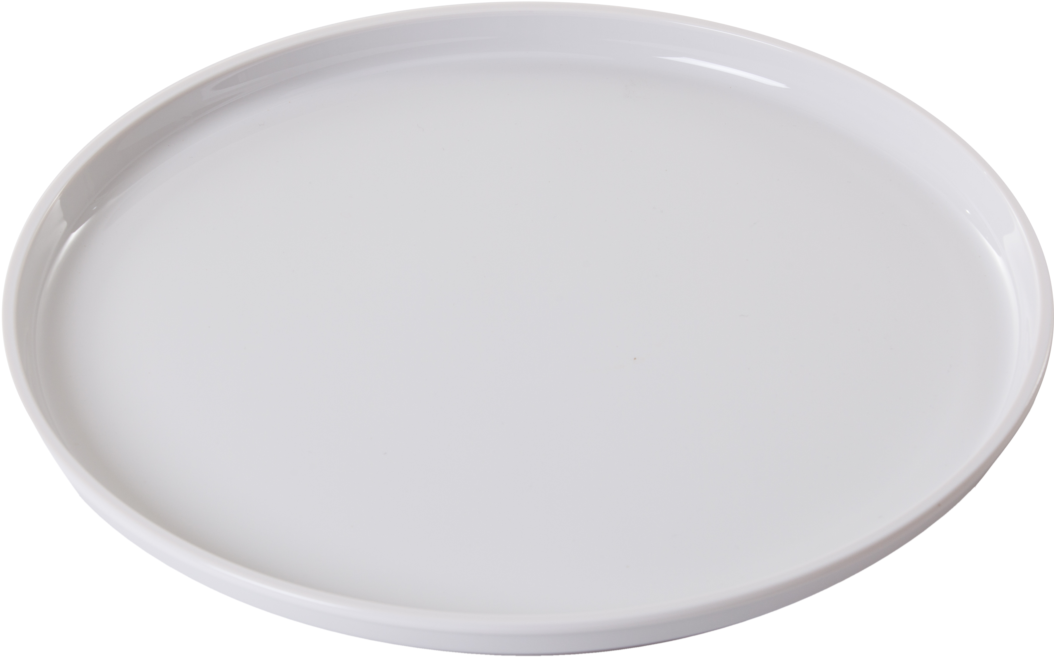 A white, round plate, glossy surface, on a white background. Angled perspective.