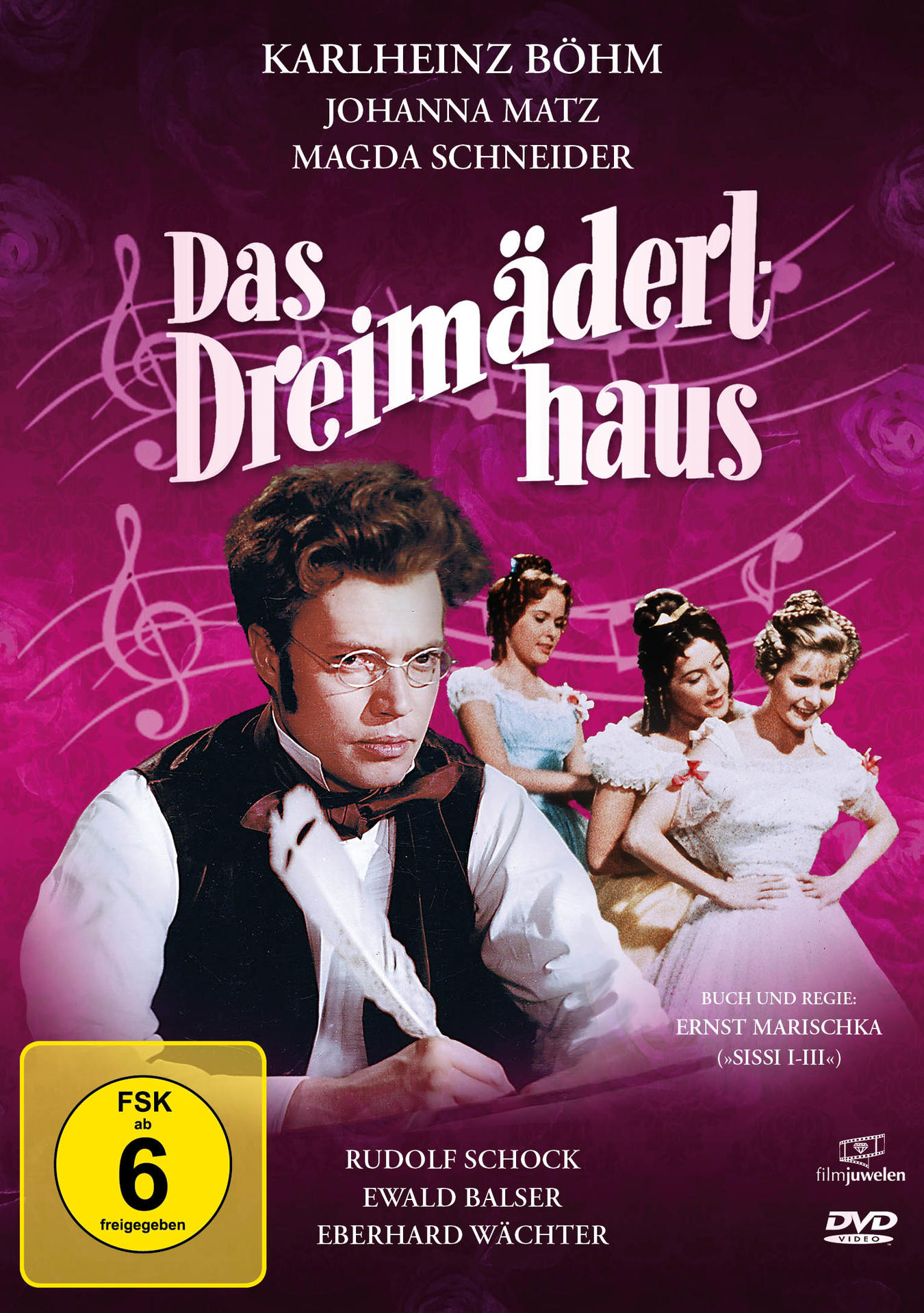 Ein Filmplakat mit einem schreibenden Mann, drei Frauen und Noten. Deutscher Text und Bewertung in der Ecke.