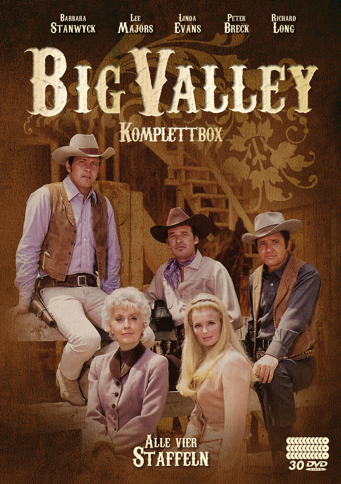 DVD-Box-Set-Cover von 'Big Valley' mit Fotos der Darsteller und Text. Personen in Westernkleidung stehen vor einem Haus.
