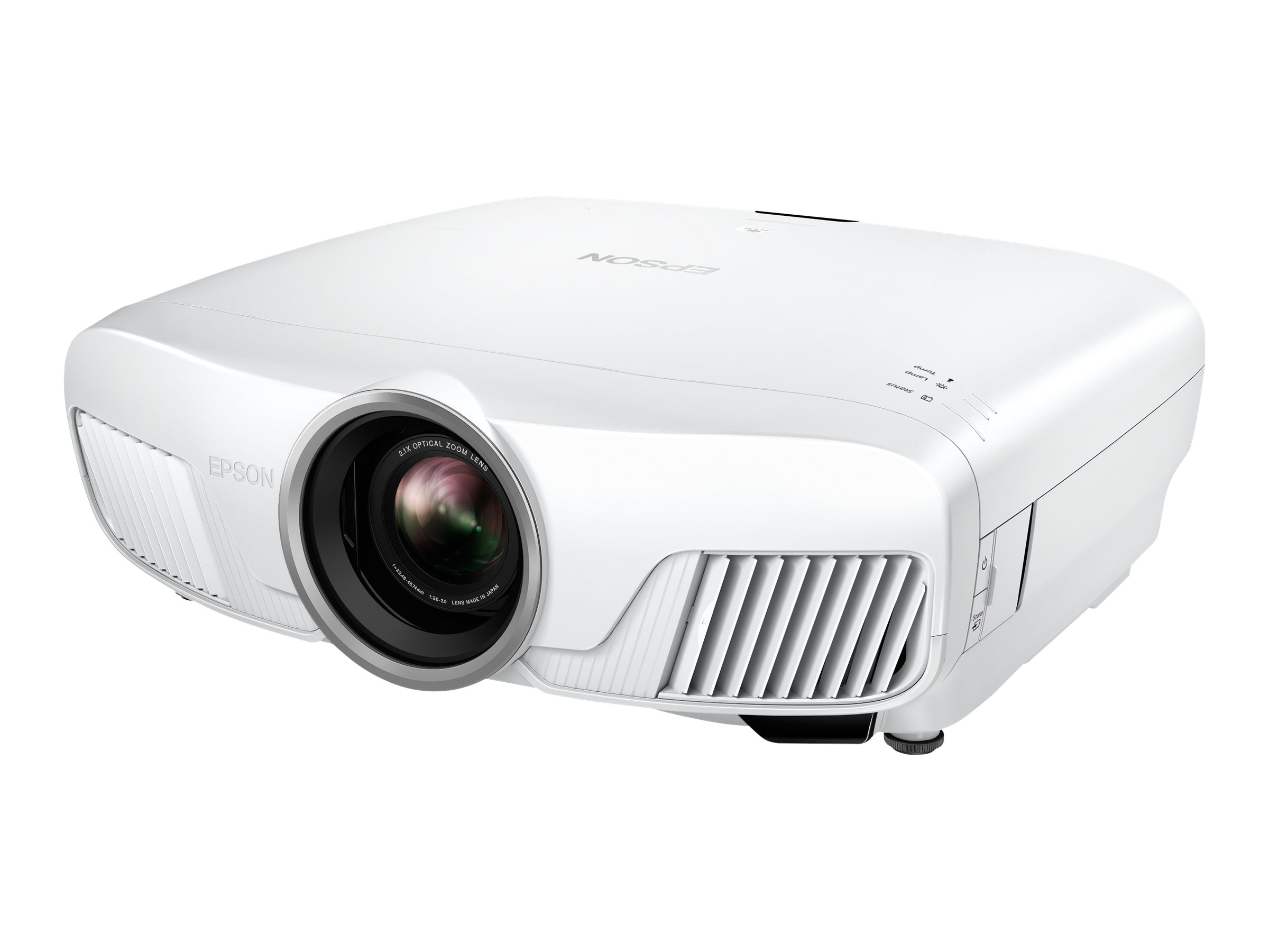 Weißer EPSON-Projektor mit großem Objektiv und verschiedenen Tasten und Anschlüssen, isoliert auf weißem Hintergrund.