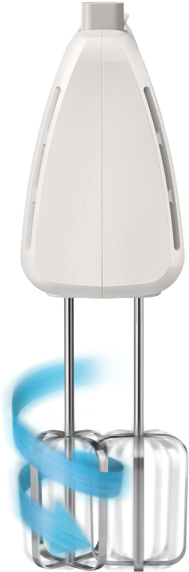 Fehér kézi mixer kék mozgásvonalakkal, mely a keverőt mozgásban ábrázolja.