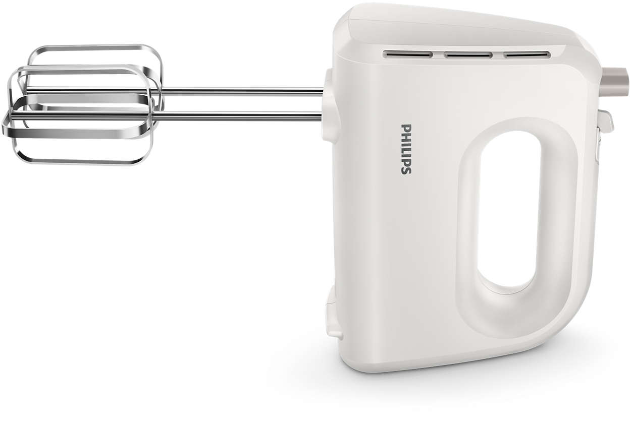 Fehér Philips kézi mixer. Oldalnézet. Ezüst habverők. Fehér háttér.