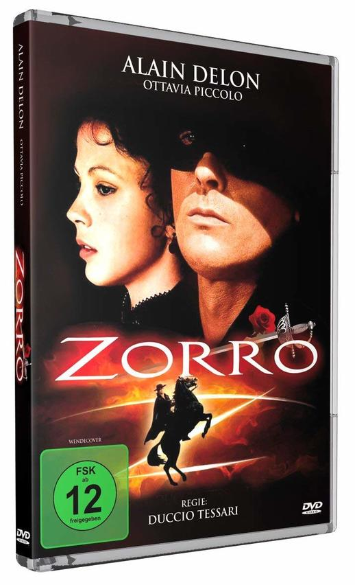 DVD-Cover des Films Zorro mit Alain Delon und Ottavia Piccolo. Enthält Bewertung und Titel.
