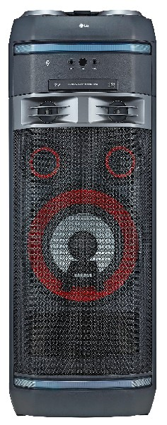 Altavoz LG negro grande. Frente de malla con acentos rojos. Vista superior.