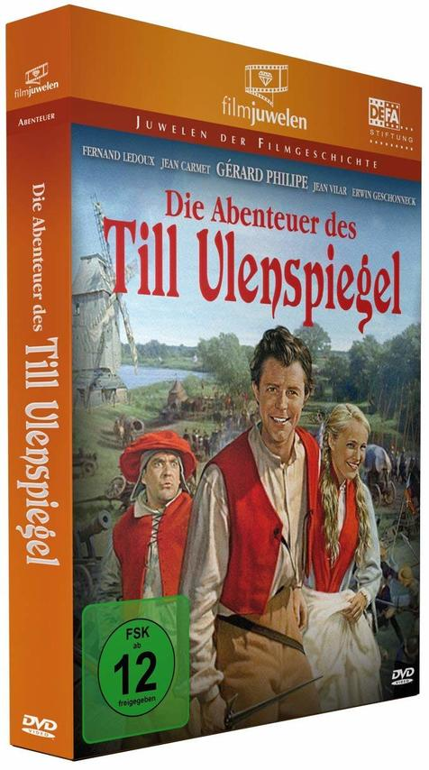 DVD-Cover mit drei Personen in historischer Kulisse. Der Titel ist Die Abenteuer des Till Ulenspiegel.