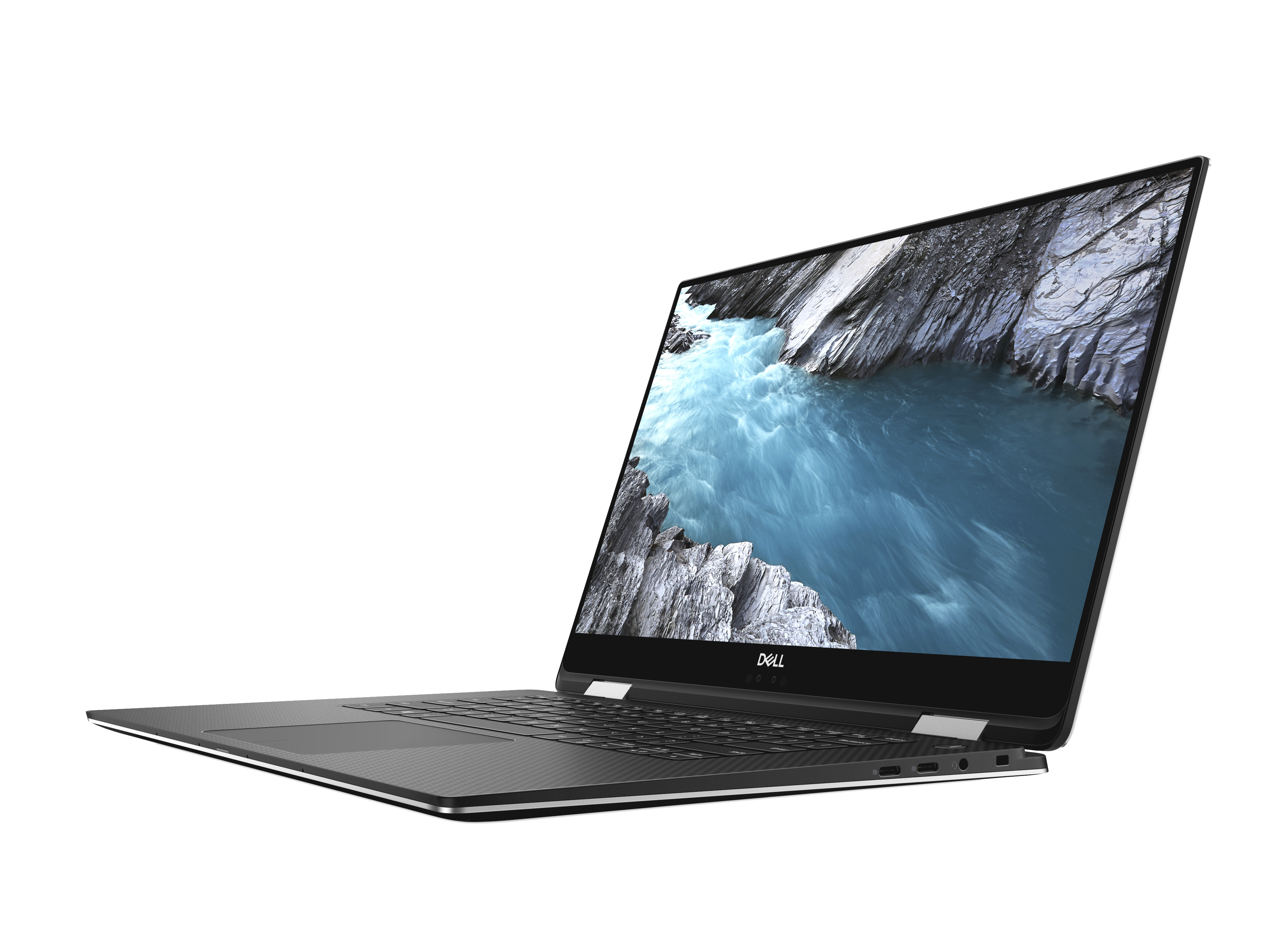 Dell-Laptop offen, schwarze Tastatur, weißer Bildschirm mit Berglandschaft.
