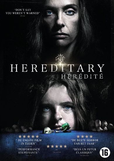 DVD-hoes met gezichten van twee vrouwen. Tekst omvat filmtitel 'Hereditary' en classificatie 16.