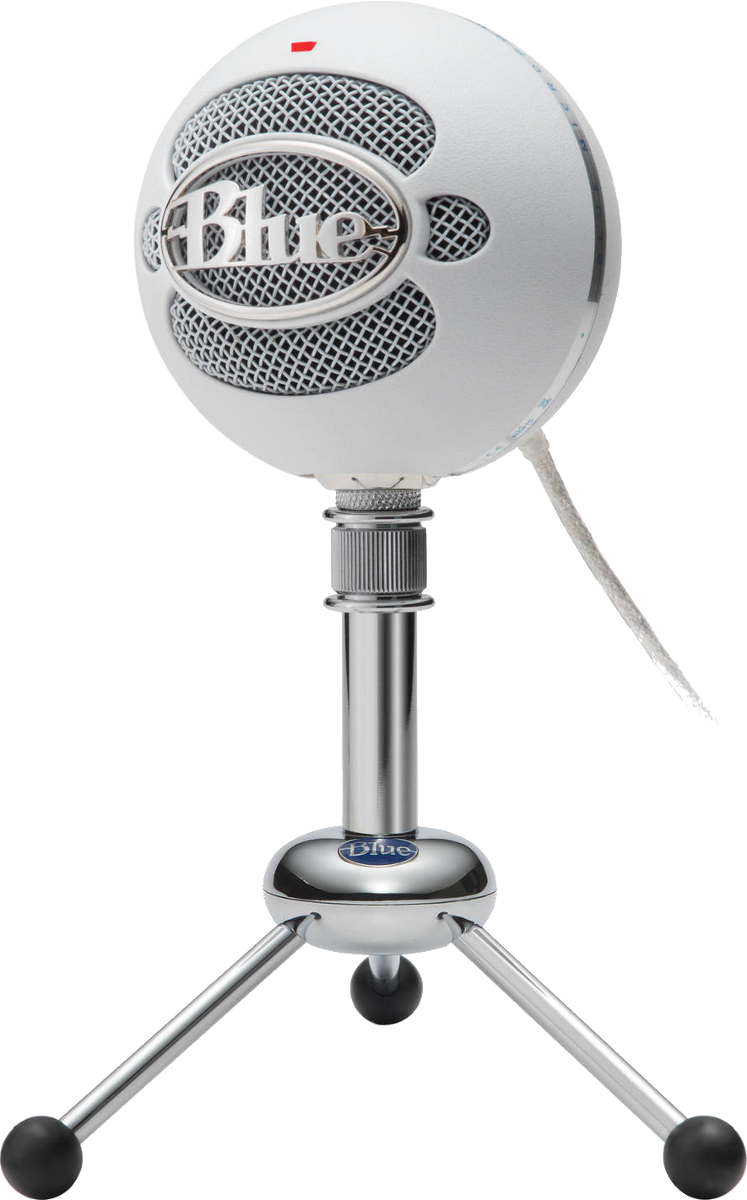 Microphone Blue blanc et argenté sur un pied. Il a un couvercle en maille et une lumière rouge.