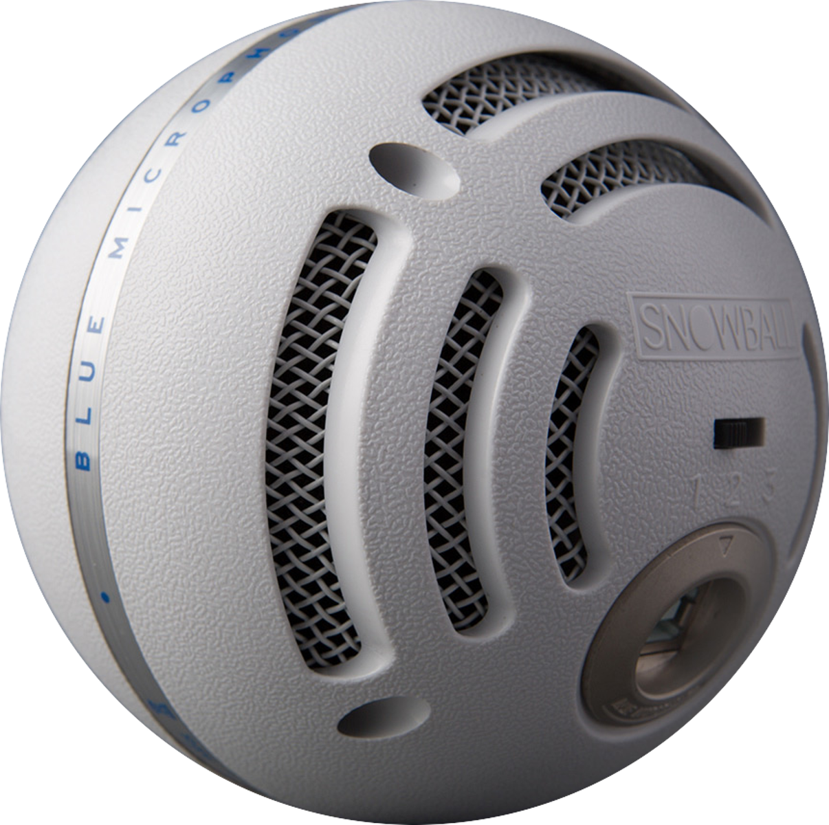 Un microphone sphérique bleu clair avec une grille en maille, étiqueté Snowball et Blue Microphones.