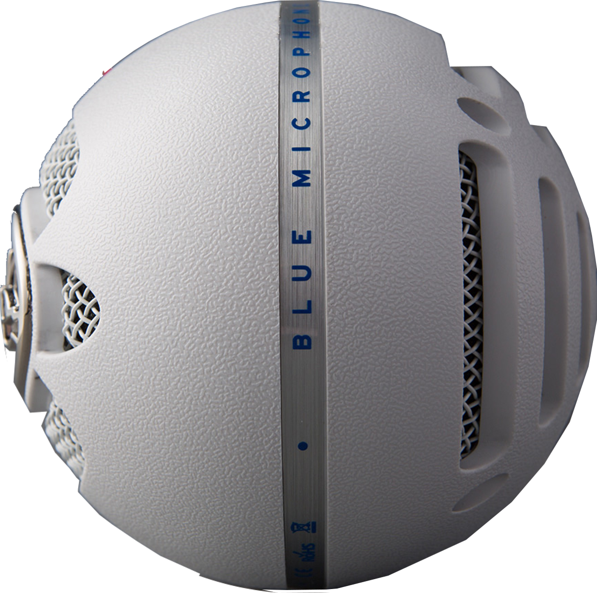 Microphone Blue blanc avec une bande argentée, avec les mots "BLUE MICROPHONE" dessus.