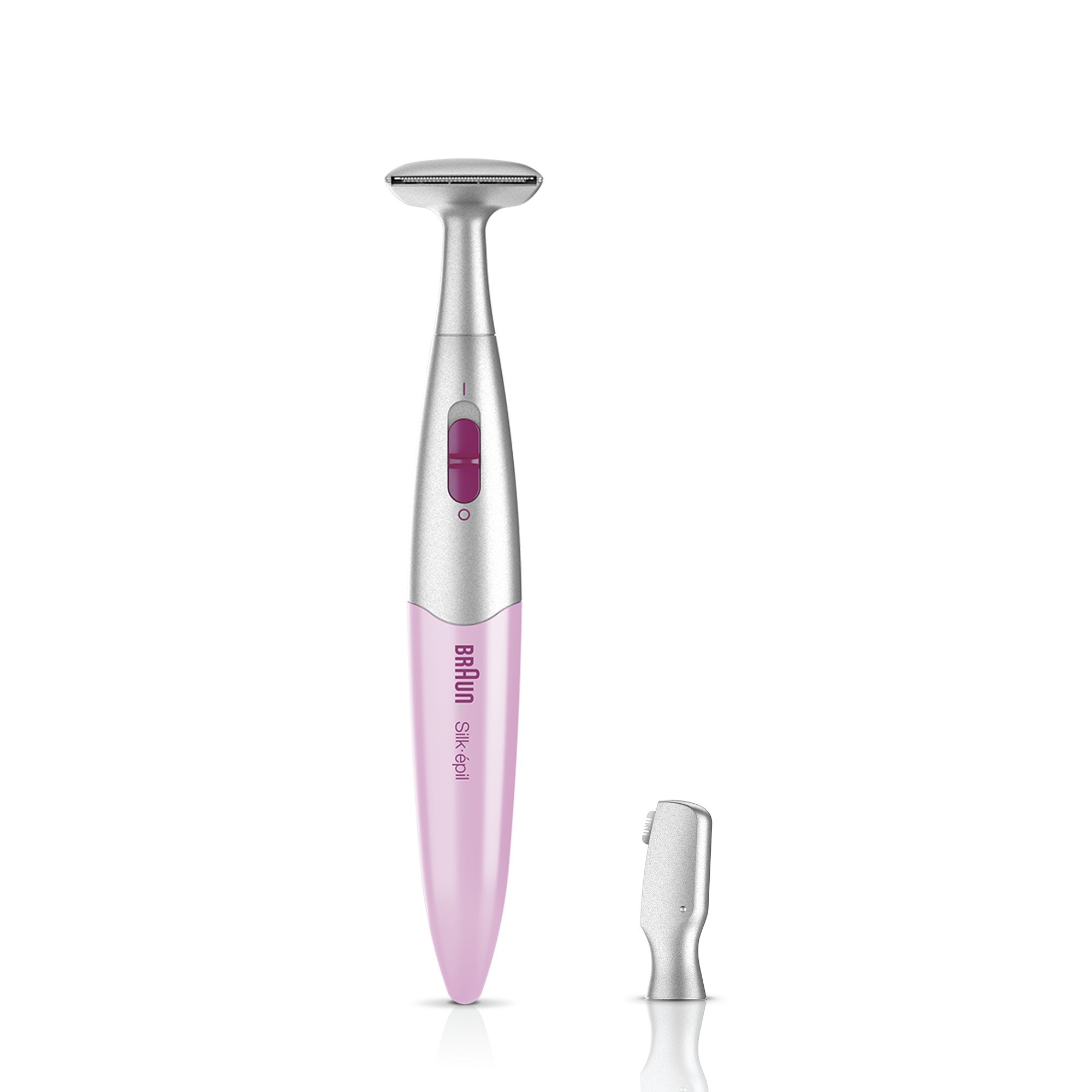 A pink and silver Braun Silk-épil epilator with an attachment.