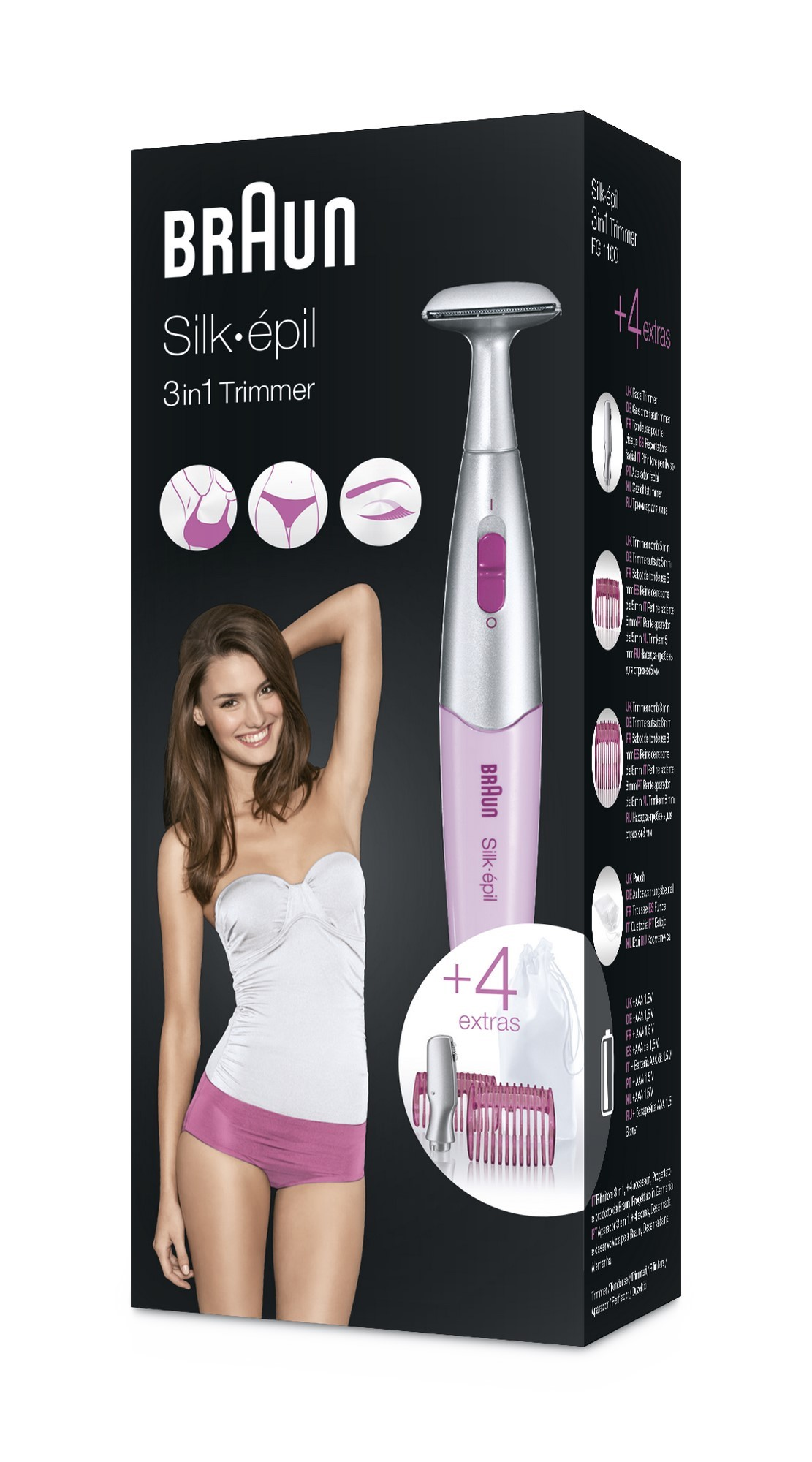 A woman with a pink bikini is holding a hair removal device. Product packaging is in view.
